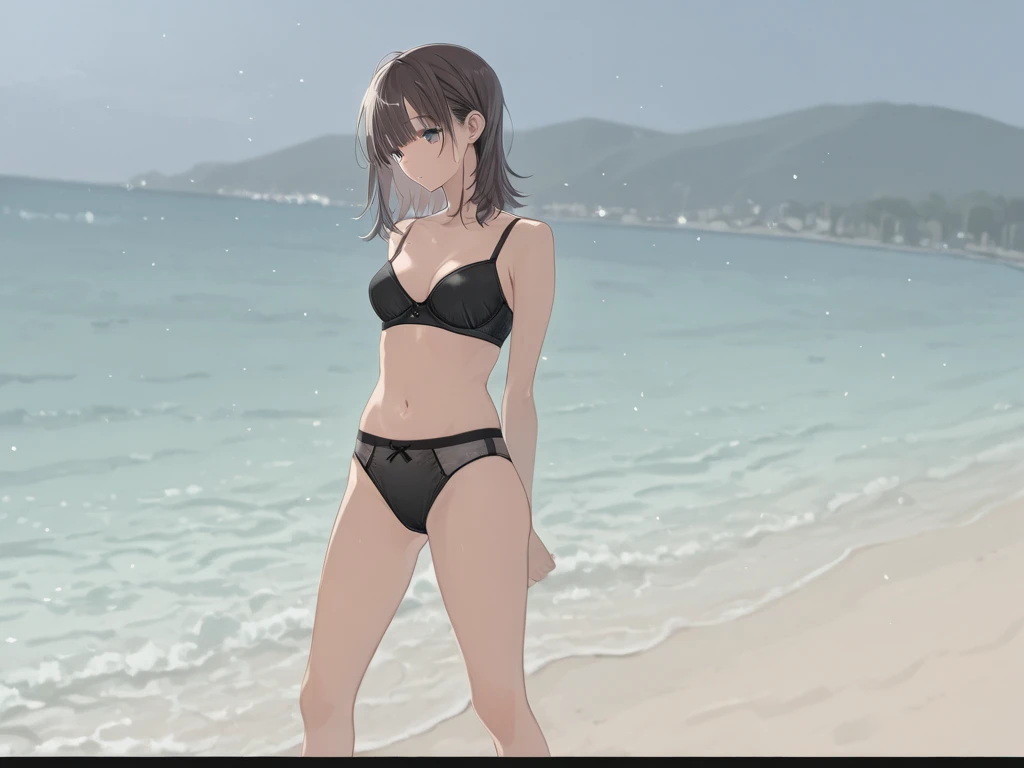 chii, 1girl, solo, brown hair, medium hair, parted bangs, forehead, brown eyes, blush, one eye closed, tight bikini, full body, crossed arms, looking at viewer