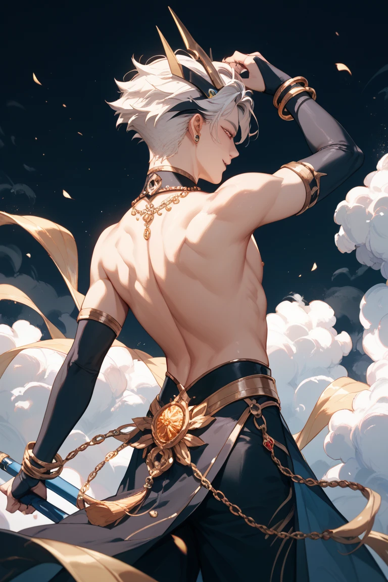 mischievous smile laughs with emotion mischief a little scared 17 year old young man white hair yellow eyes golden jewelry