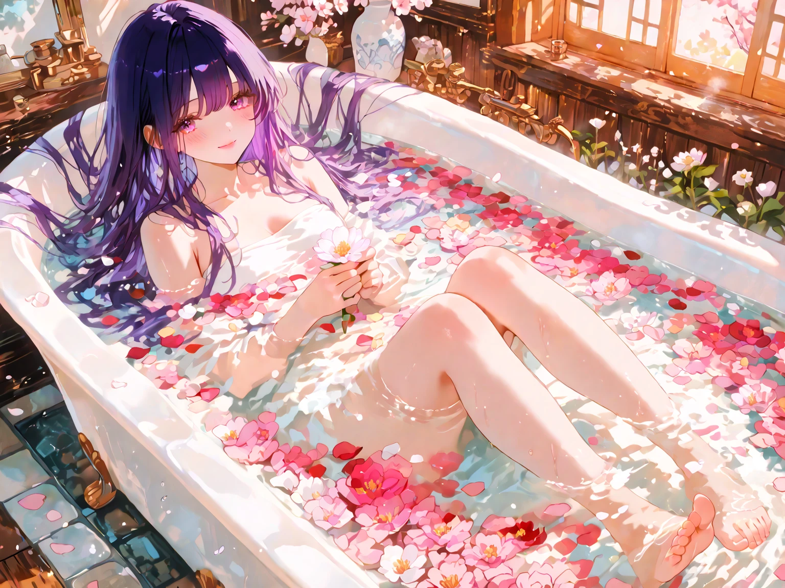 Help me generate an anime style picture,Elements are beautiful,bath,Bath towels,Cold shivering,Silk,Moon outside the window。As the original picture of the find the difference game