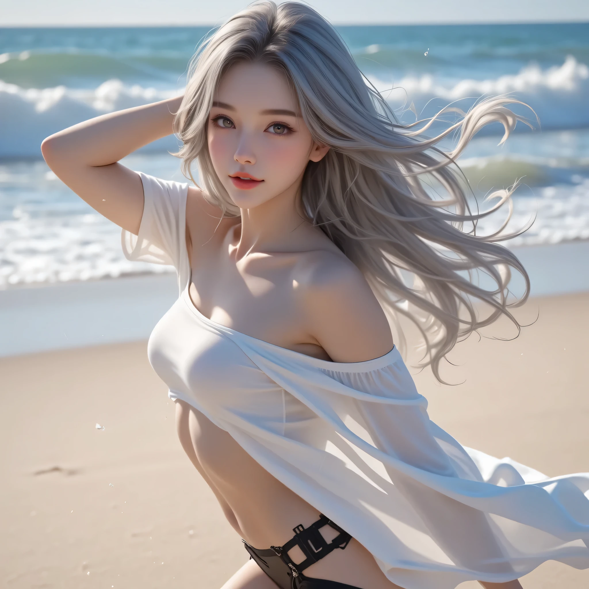 (Extreme Detail CG Unity 8K wallpaper, masterpiece, highest quality), (Exquisite lighting and shadow, highly dramatic picture, Cinematic lens effect), a girl in a white Spider-Man costume, White Bra and Thong, silver gray hair color, from the Spider-Man parallel universe, Wenger, Marvel, Spider-Man, she show her butt , moonlight behind, dynamic pose), (excellent detail, excellent lighting, wide angle), (excellent rendego on beach, enough to stand out in its class), focus on white Spider-Man costumes, complex spider textures