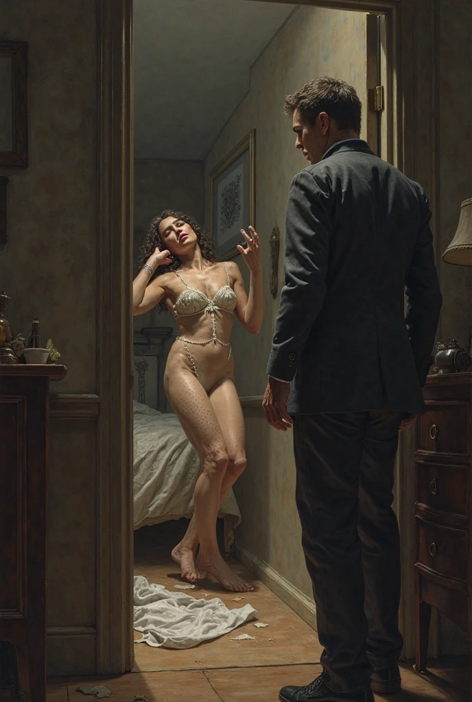 Comic book style page featuring a passionate moment between a man and a woman in a bedroom, having sex, undressing, sbg, highly detailed, Alphonse Mucha-inspired, cinematic lighting, intimate, embracing, artistic composition, expressive poses, emotional connection, sensual atmosphere, storyboard-like, manga influence.
