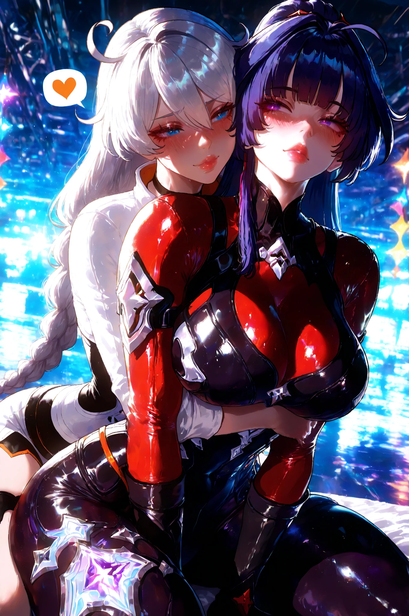 gray hair twin tails Tsundere red eyes Clothing of the near future (Women fondle each other's breasts)