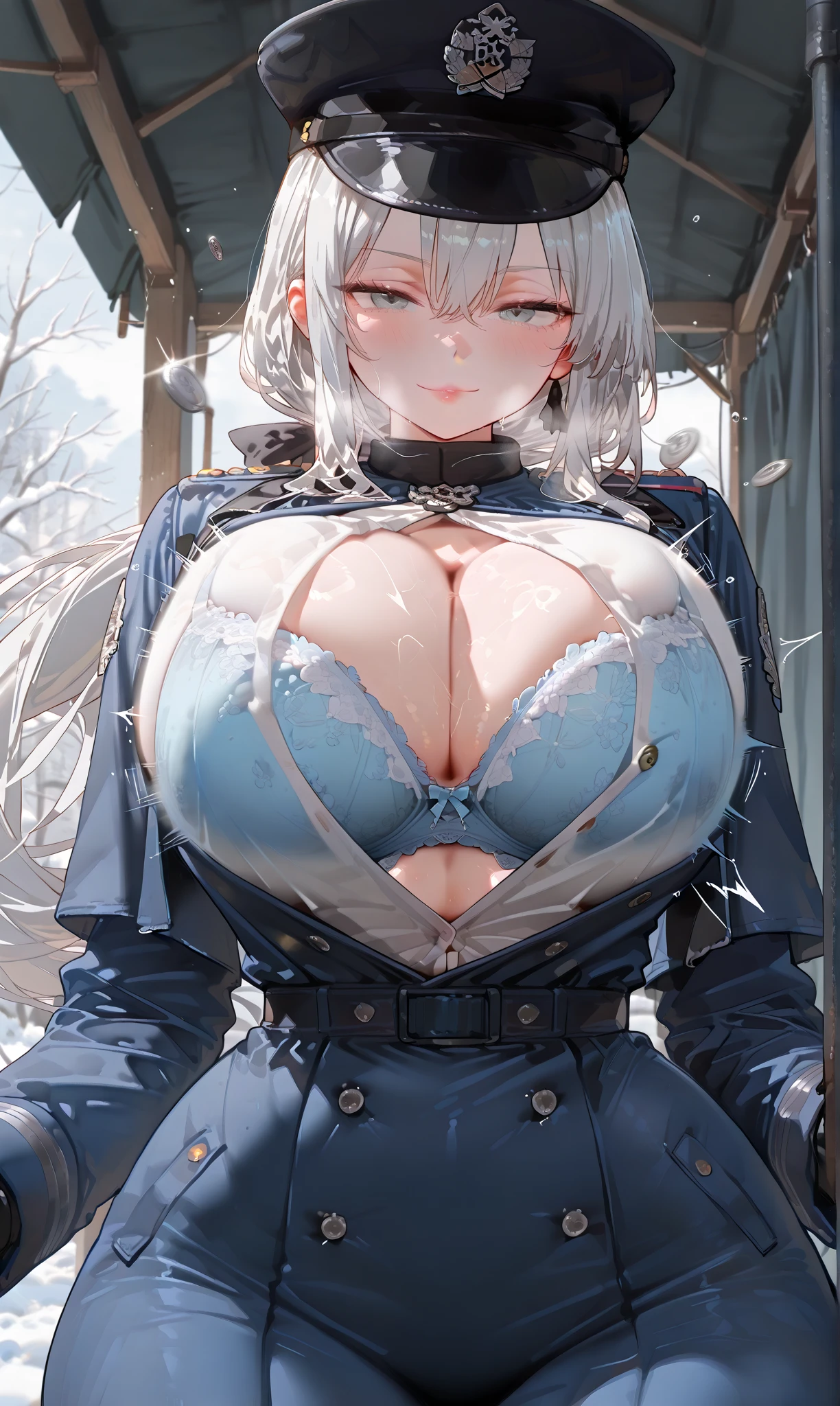 Mommy short messy white hair huge with very big and huge breasts with bra tactical uniform pleated skirt with eye patch 