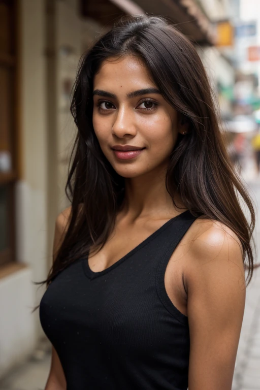 A photorealistic portrait of a 20-year-old Indian woman with brown skin posing for a photo having striking pretty eyes and flowing black hair,black top, 4k resolution, high detailed, focus on facial features, soft, natural lighting to enhance her features.