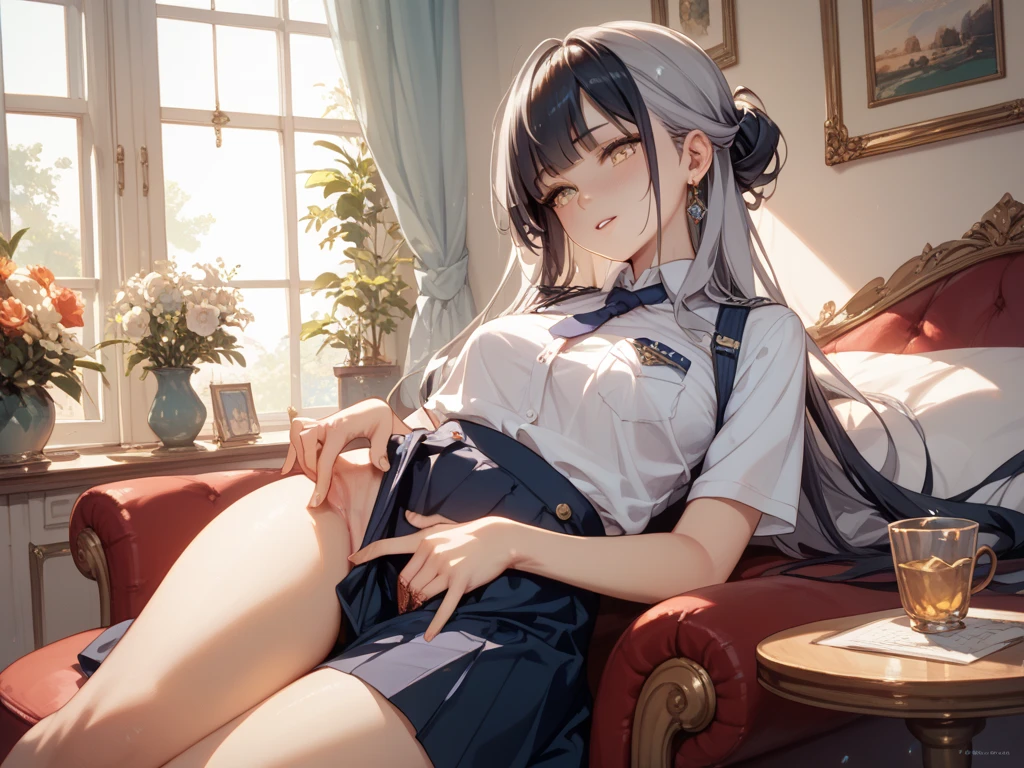 Cat-eared girl, Grey checked mini skirt,blazer,Black knee socks,Silver Hair,Spread your legs wide, nsfw,Masturbation, Look Up,Ahegao,Squirting,Showing her boobs,Massage the breasts