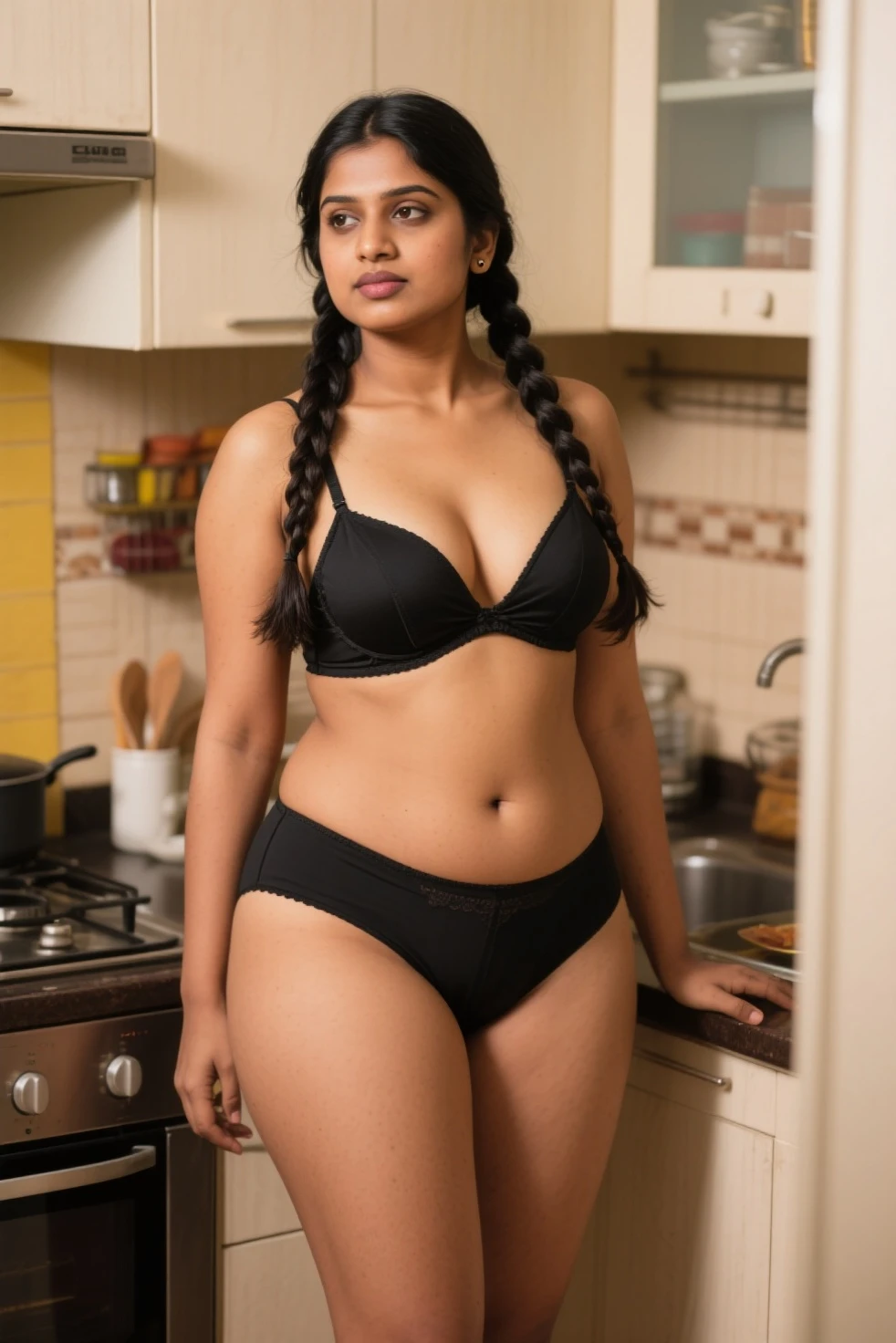 1 Desi women, brown skin, Red lip, sexy ass, Dress code ((white colour bra and panty)) Black hair, looking at camera face, masterpieces, personality sexy and height, 