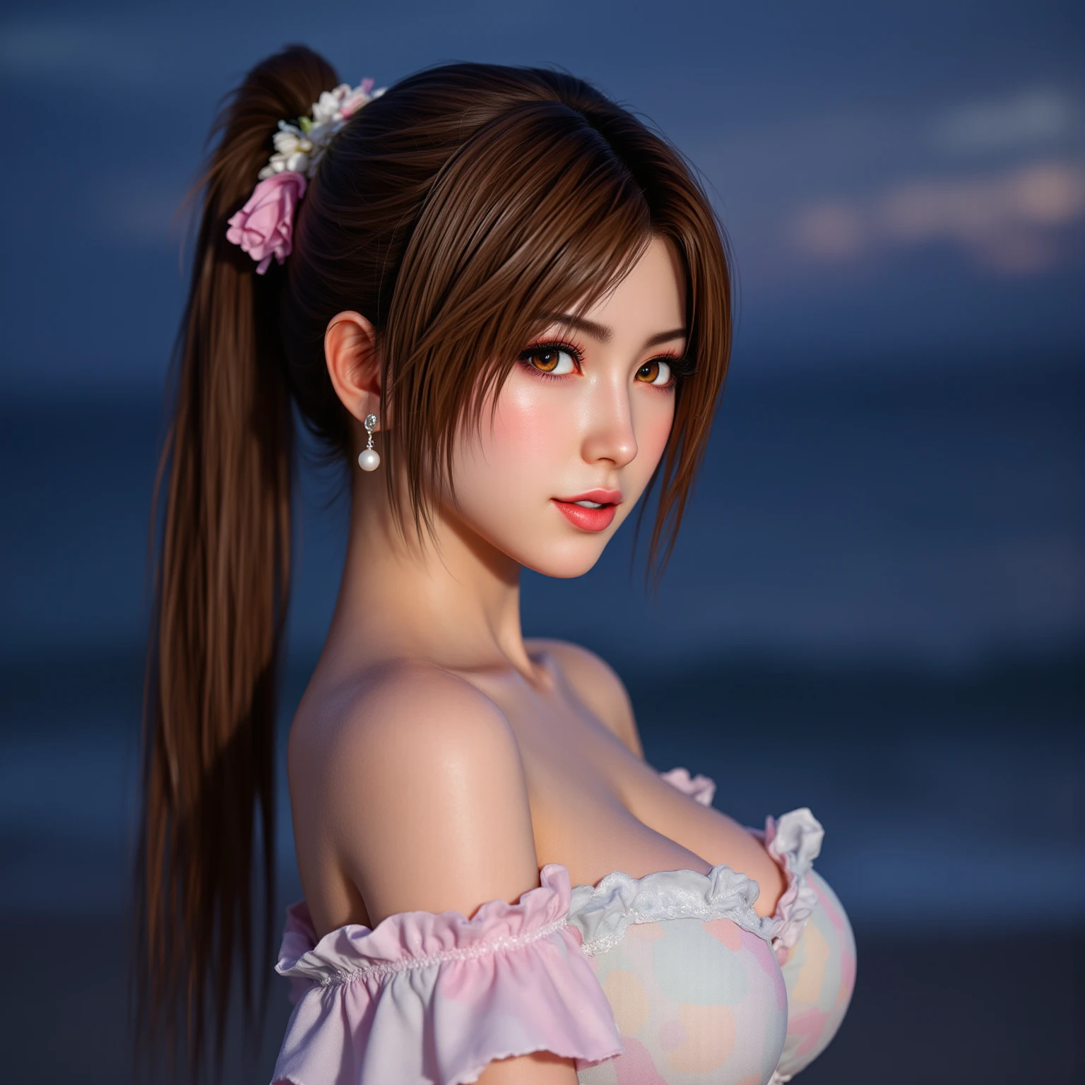 Aerith,FF7, Long Hair, bangs, Brown Hair, bow, ribbon, jewelry, Green Eyes, hair ピンクribbon, Braiding, hair bow, Side Lock, choker, necklace, lips, parted bangs, pink bow, Portraiture, Realistic,Super high quality,high quality,masterpiece,Digital SLR,Detailed explanation,Exquisite details,Anatomical basis,Detailed Description,Detailed face,Realistic skin texture,Sharp details,Perfect Anatomy,Perfect Anatomy,Anatomically correct hand,Anatomically correct fingers,Super Detail,Complex 3D rendering,Sexy pose,The beautiful world of Final Fantasy 7,Pink ruffled swimsuit,Wet,night,美しいnight空,A beach with a beautiful starry sky,shooting star,Fantastic beaches,Fantasy worldview,Picturesque,Pink Lips,smile,