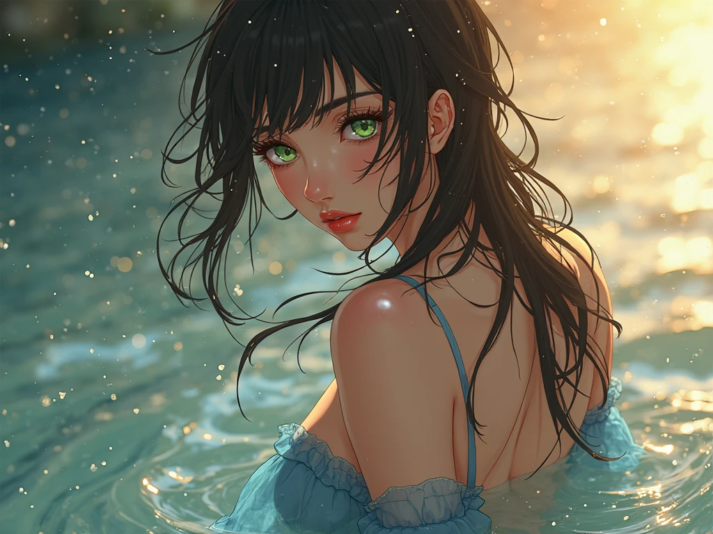 woman in a blue robe is walking into the sea, iranian, elegant, closeup fantasy with water magic,((waves)), beautiful maiden, wearing a robe made of water, cleavage, realistic oil painting, dripping wet, in water up to her shoulders, woman soaked by waves, beautiful realistic painting, nymph in the water, hyperrealist portrait in ocean, hyperrealistic fantasy photo, splashing, realistic fantasy painting, cute shot, narrow depth of field, portrait, sunset, 8k, drenched, ((soaked)), dripping water, dripping oil, heavy clothes, soaked in oil, wet all over, short dark hair, wet dripping hair, pov shot, portrait, posing, twilight, red sun, sun glare, ((looking at viewer))