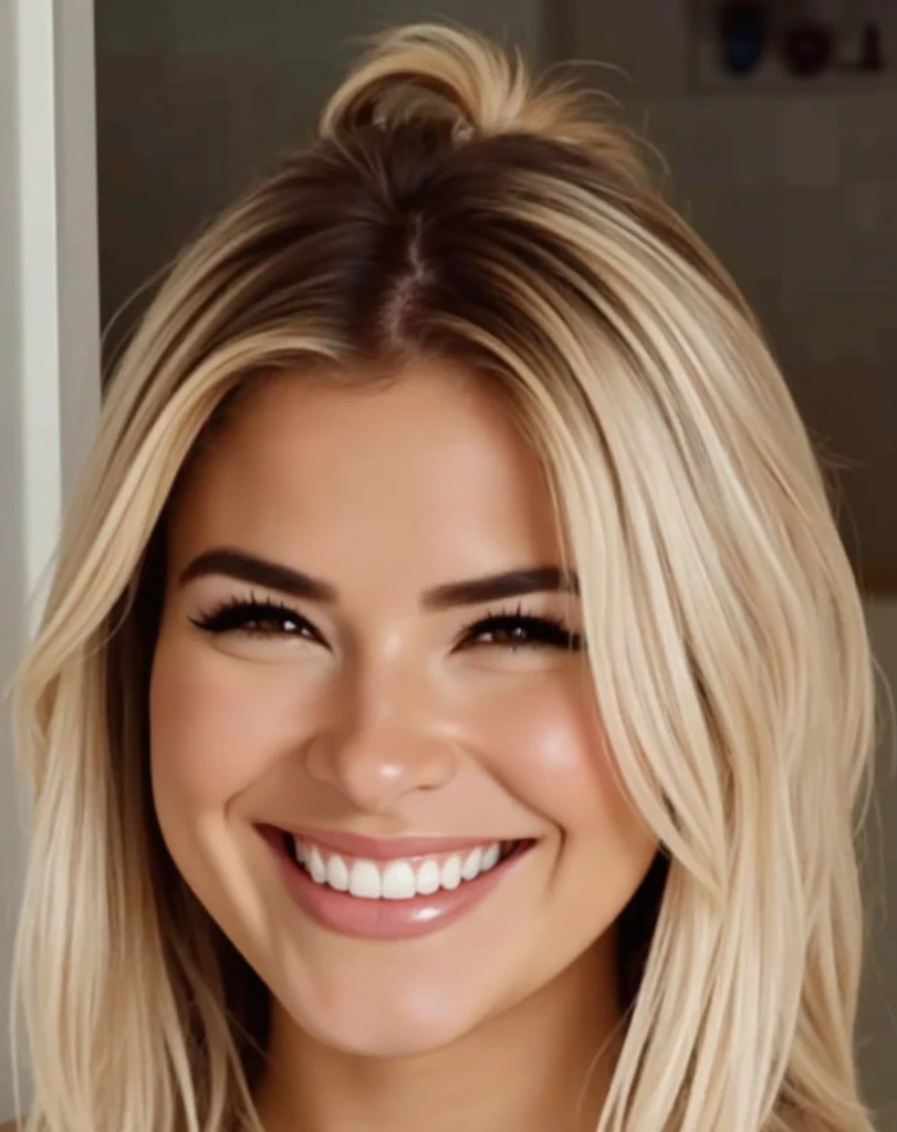 Willa Ford wearing traditional yellow European clothing wearing lipstick and smiling