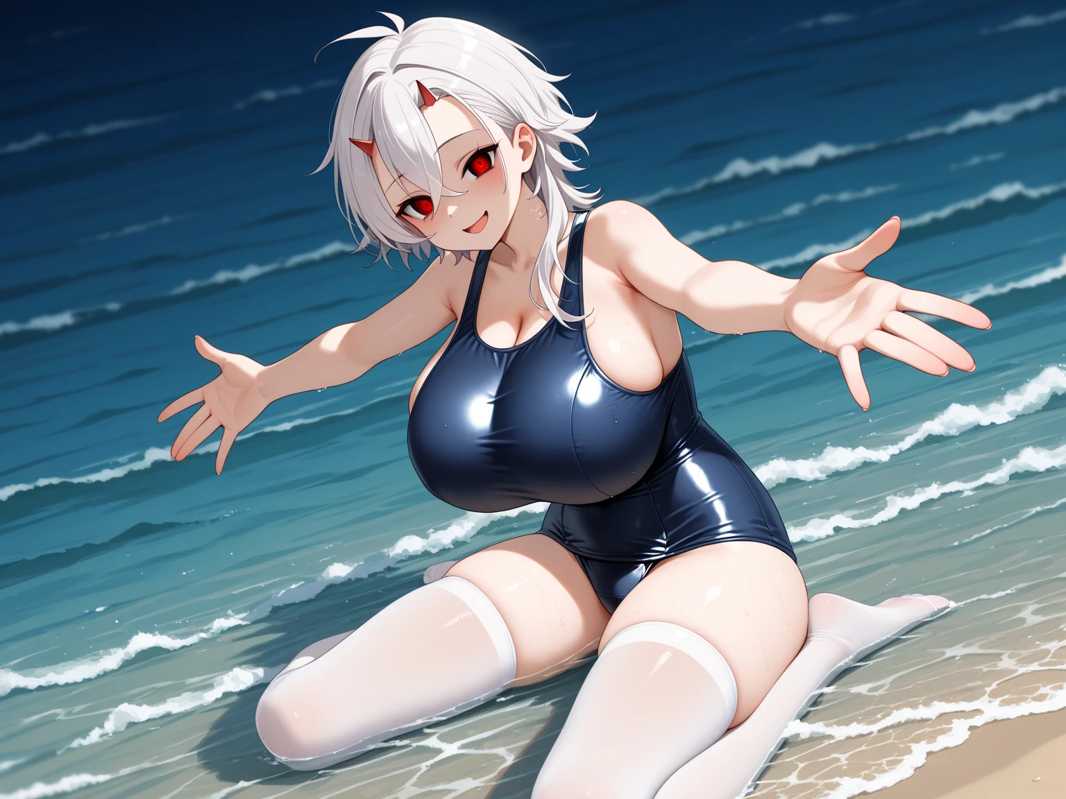 masterpiece, high quality, high detail, 4k, rtx, high resolution,1girl, blue_streaked_hair,hair_over_one_eye, blue_eyes,very long hair,braid,white hair_ornament,white skin,black nail_polish, solo,long sleeves,(white bandeau:1.3), strapless, microskirt,thighhighs,thighs,: o,cute face,(pov:1.2),(facing viewer:1.2),(Well-shaped and firm huge breasts, developed huge breasts:1.2),(underboob:1.2),(happy),stomach, navel,aged_down,(on side,sitting,arm support, yokozuwari:1.2),beach