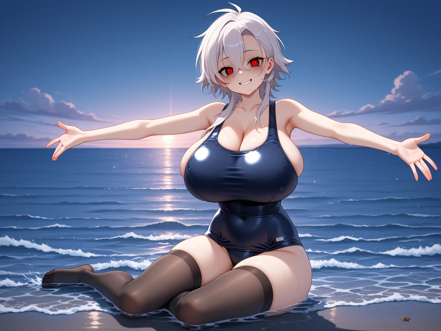Highleg competition swimsuit, black swimsuit, gigantic breasts, Narrow waist, ((((White Hair, Very Short Hair)))), Beach, Wet Skin, tall