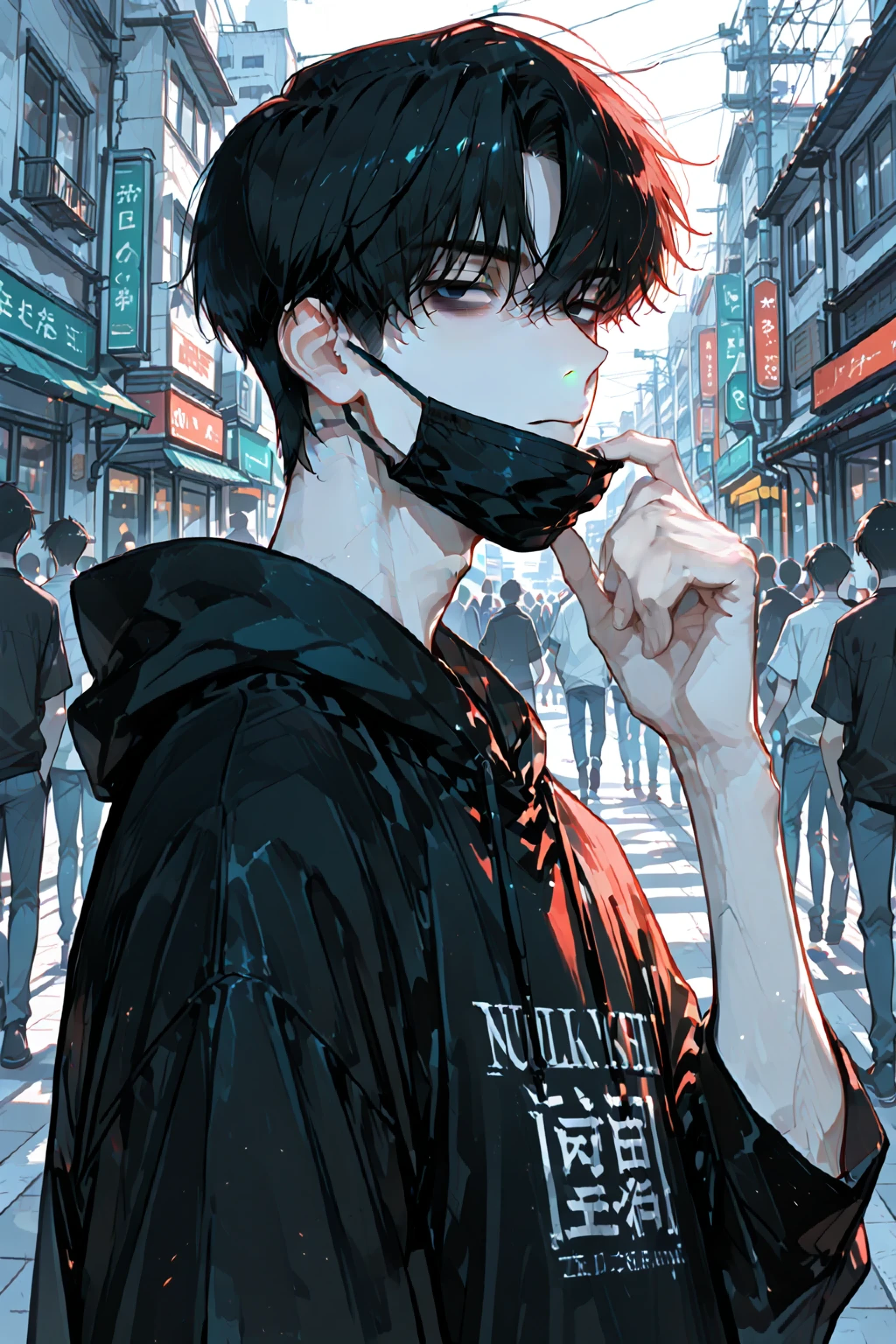 handsome anime-style young man, age 20, Japanese university student, slightly tired and downcast expression, silky straight black short hair, neatly cut just behind the ears, all bangs down covering the eyes, black sanpaku eyes, slight dark circles under eyes, slightly slender yet toned build, removing black face mask with fingers — mask hanging on his fingers near mouth, part of his mouth slightly visible, wearing a clean black short-sleeved hoodie, fully clothed with no exposed chest, stylish and youthful, bust-up portrait, natural daylight, soft and warm lighting, vivid and lively color tone, vibrant urban street, daytime Tokyo city background with people and buildings, slightly side angle view, high quality, ultra-detailed, masterpiece, anime-style shading
