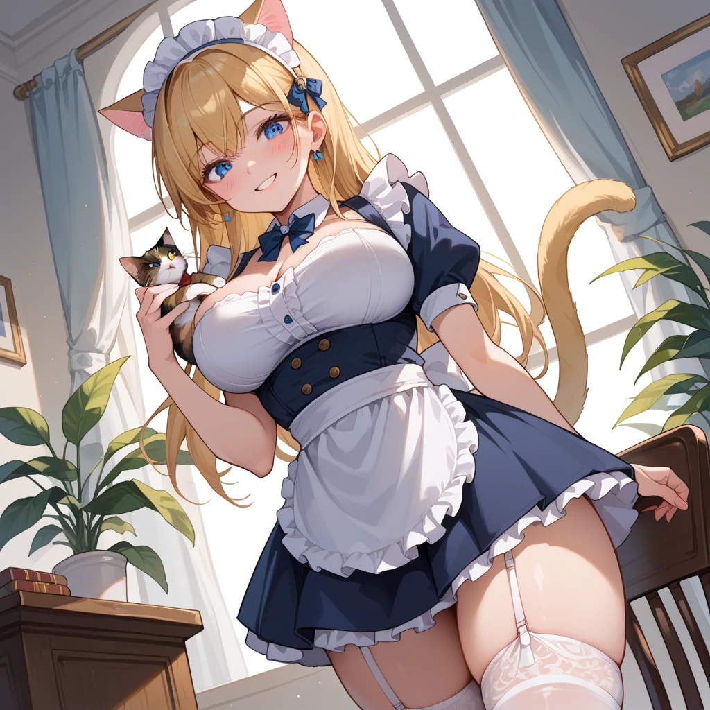 (masterpiece), best quality, 1girl, huge breasts, cleavage, furry girl, rabbit girl, (pale blonde hair:1.2), long hair, (curly hair:1.2), blunt bangs, full bangs, blue eyes, white rabbit ears, animal_ears, (maid lingerie:1.2), (detached sleeves:1.1), (make-up, eyeshadow:1.1), looking at viewer, smile, closed mouth, indoors,
