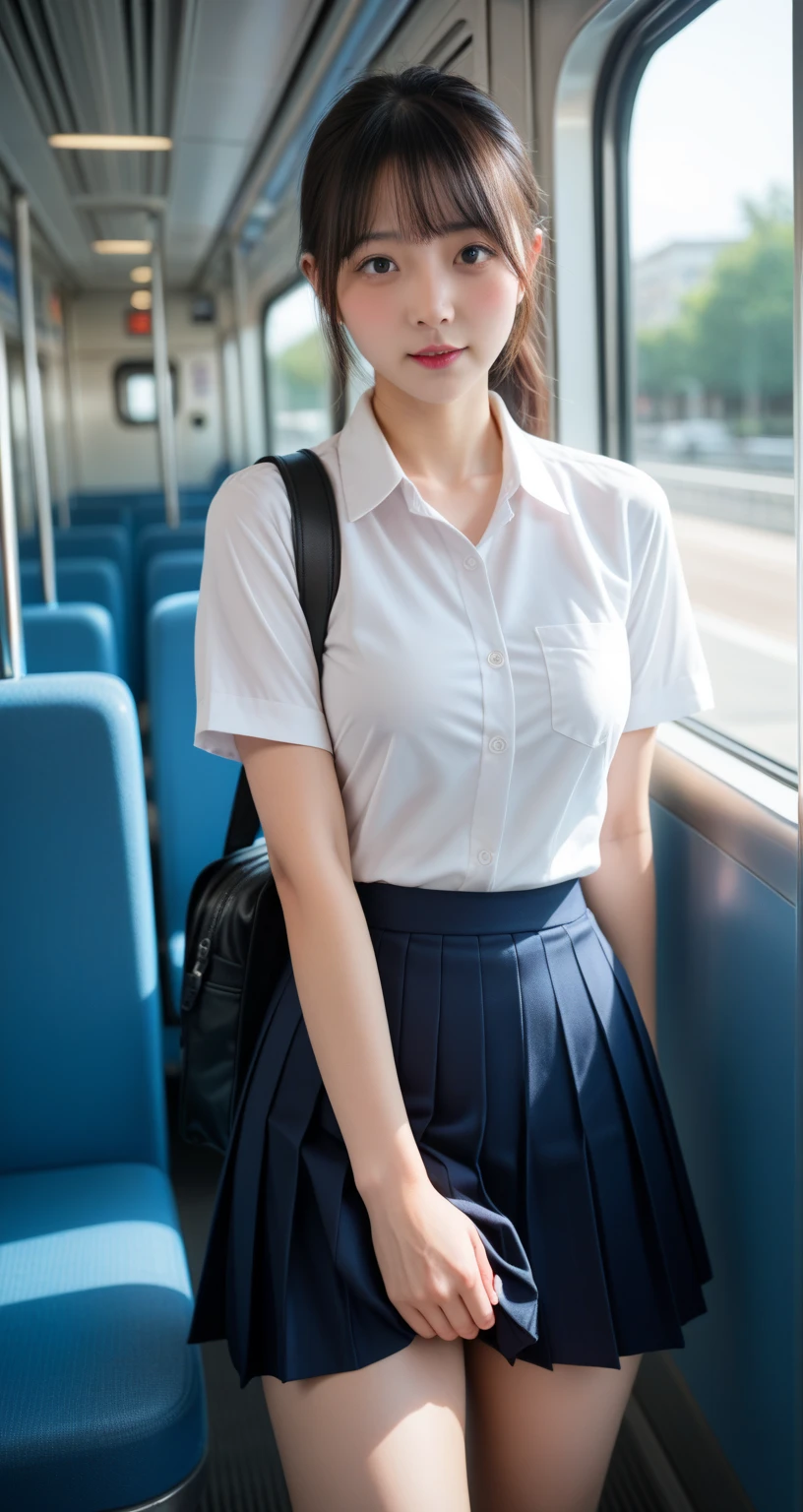 Japanese Girls、18歳の女の子、ple short hair、Blond Hair、bangs、BROWN EYES、Perfect figure、Sense of transparency、luster、gloss、modest chest、School Uniforms、Navy blue ribbon、Light blue shirt、Navy blue skirt、Guangyue、Burning body、hposing Gravure Idol、On the train、Beautiful feet、Strong sunlight、Nasty、Rain-drenched body、wet