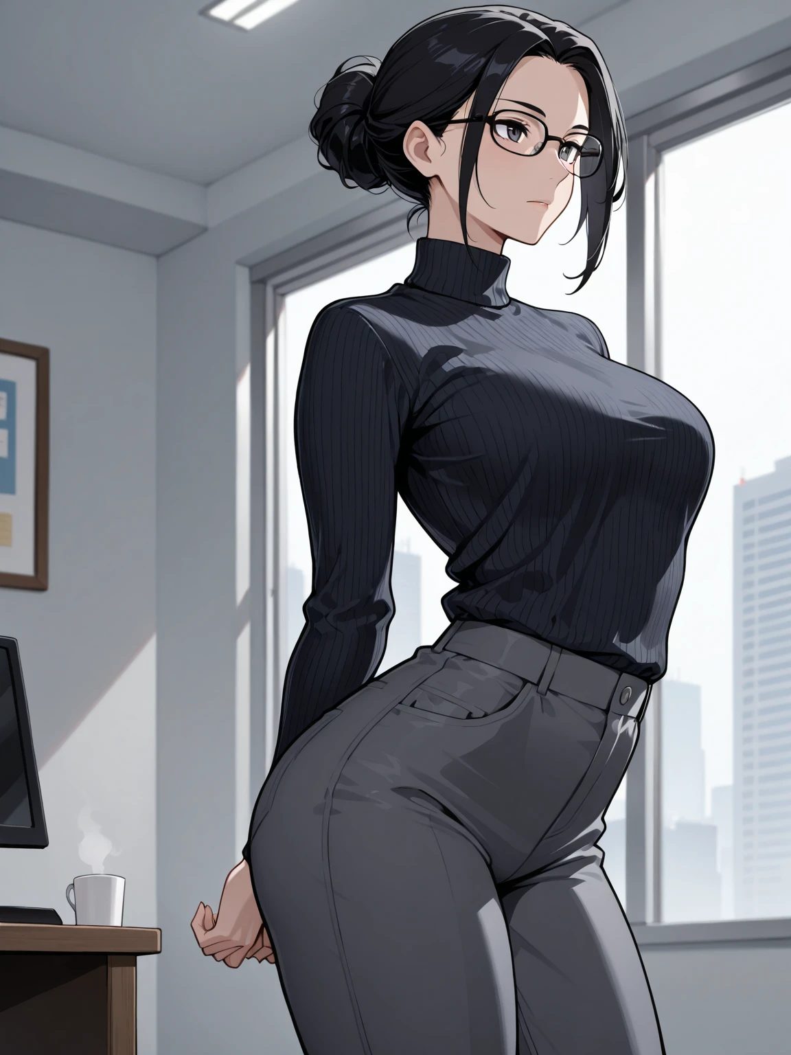 beautiful young woman with cat ears on her head, com rosto bem detalhado e bonito, belos olhos, belos olhos, rosto lindo, beautiful young woman wearing black tights, sueter apertado branco, short pantyhose, standing in an office at night, usando salto alto, cabelo curto preto, morena,orelhas de gato, belo sorriso, tomboy, morena, um pouco musculosa