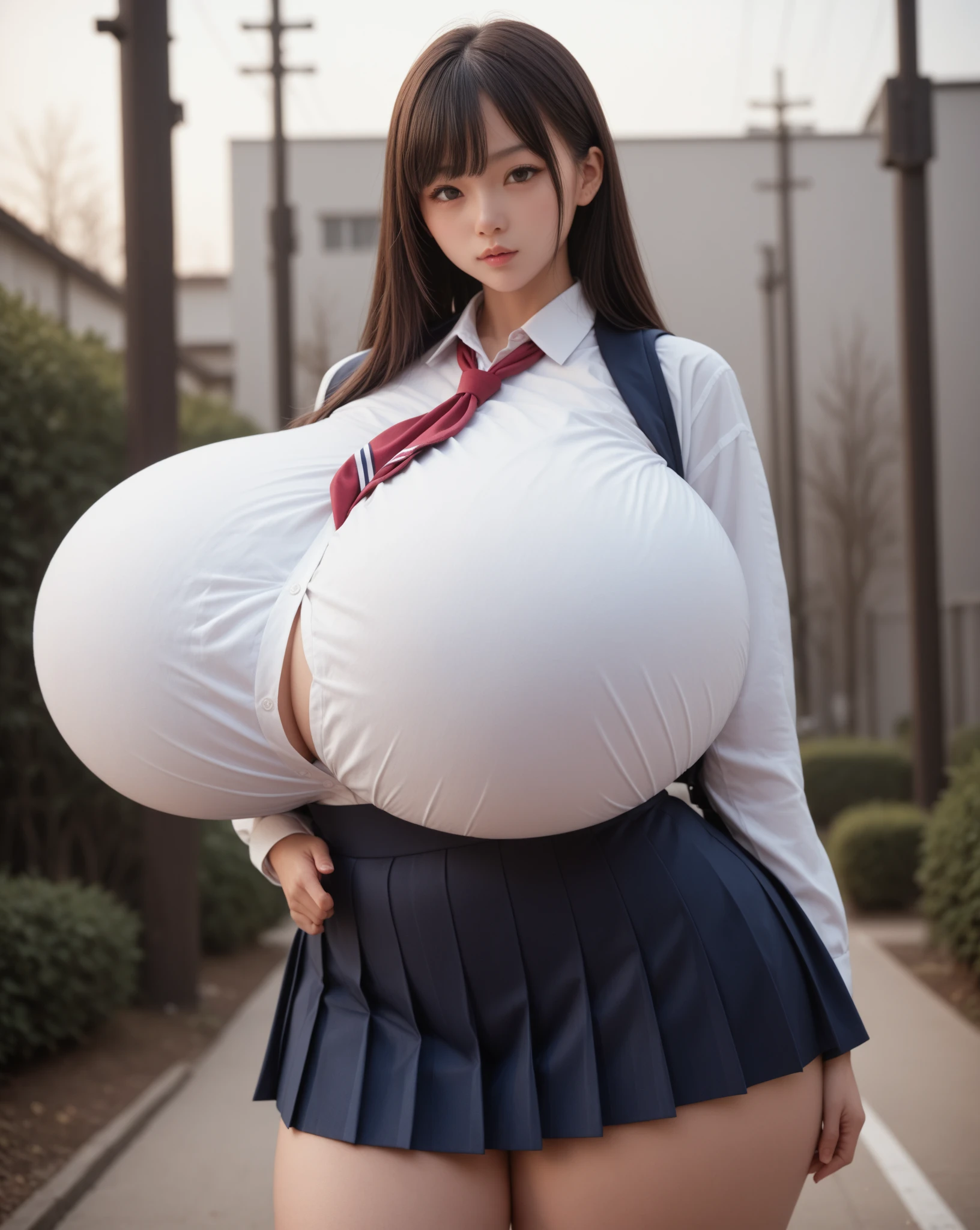 photoreal, highest quality、4K quality, 40 years old (gigantic tits:1.2)、(puffy nipples:1.2) black hair Woman (sailor uniform:1.2) unbuttoned、woman opens her legs wide、nude crotch、The woman is shy, sitting on park bench, touching her breasts, white panties (cameltoe:1.4)