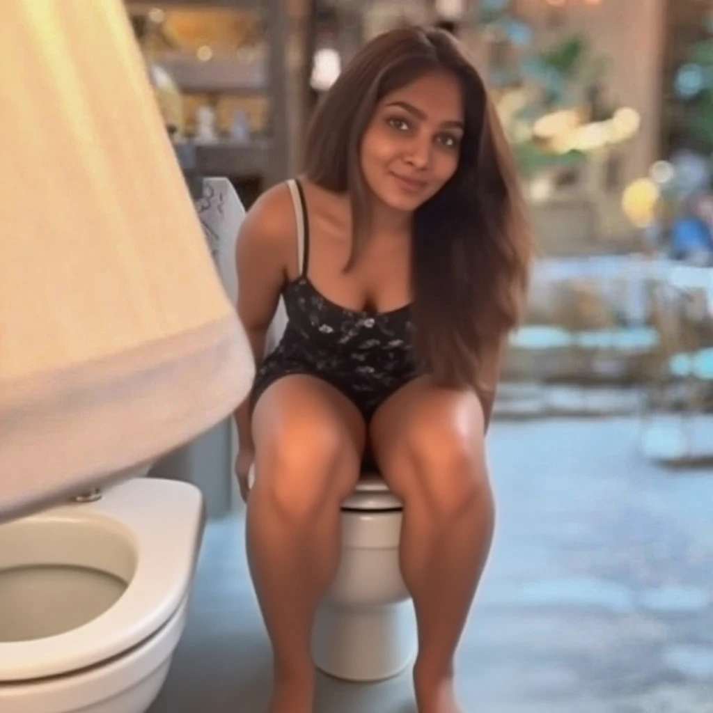 high quality, high resolution, 24 years old, JuReis, JuRe, black hair, curly long hair, short sexy dress, sitting in bathroom stall, open legs, shaved pussy