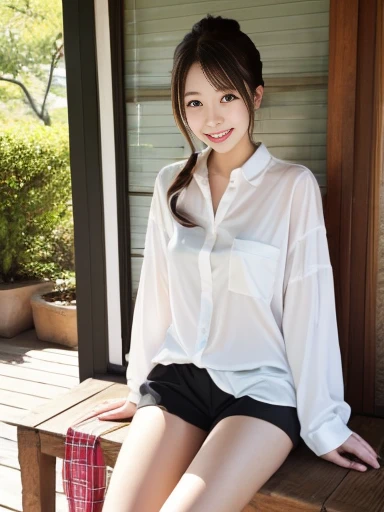 (highest quality、masterpiece、8K、best image quality、hyper realism、Award-winning work)、one high school girl、(The most natural and perfect unbuttoned white polyester long sleeve collared shirt dress:1.2)、(Wearing only a polyester shirt while naked:1.5)、(naked lower body:1.5)、(bare legs:1.5)、(full body photo:1.1)、standing elegantly、(beautiful thick legs:1.1)、emphasize body line、(small breasts:1.2)、white shining shirt、(dark brown:1.1)、Standing gracefully、the best smile when you look at me、Strongly blurred background、park background、very bright、upper body photo、(accurate ???????:1.1)、emphasize body line、perfect makeup、long eyelashes、bright lipstick、glossy lips、Ultra high definition glossy skin、(Ultra-high definition bright and beautiful skin:1.3)、Ultra-high definition glossy lips、Super high definition beautiful teeth