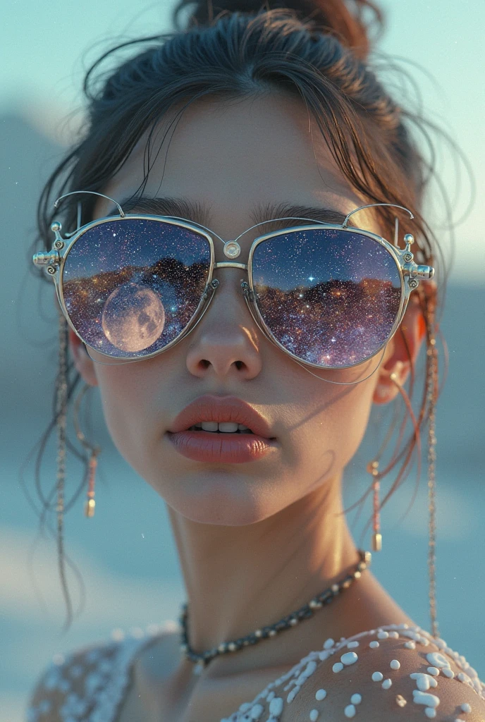 The model is wearing glass sunglasses with stars and the moon on the glass