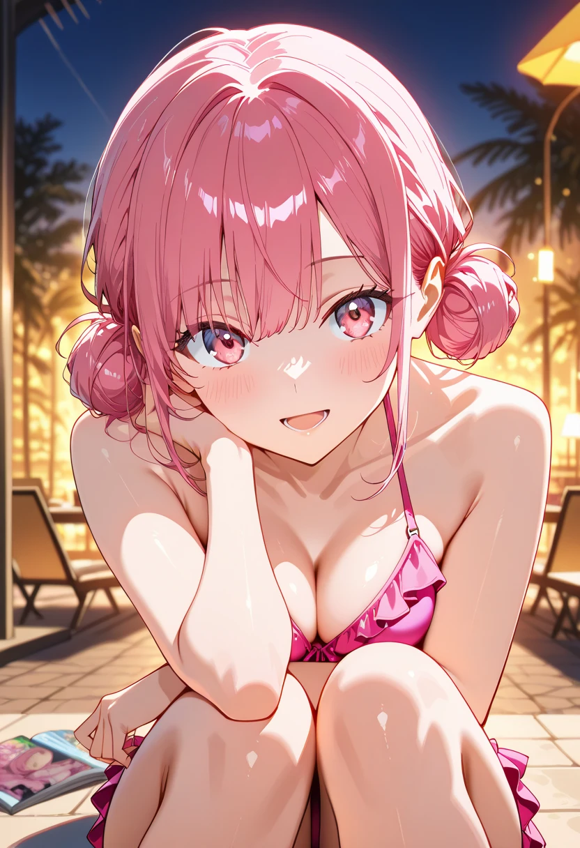 Hakari, pink hair, (green eyes:1.5), short hair, happy, (((blushing))), (((downblouse))), leaned forward,
((Pink Bikini)), ((swiming pool)), palmtrees, big boobs, looking at viewer, flower hair ornament, (cowboy shot:1.5), (masterpiece:1.2), best quality, high resolution, unity 8k wallpaper, (illustration:0.8), (beautiful detailed eyes:1.6), extremely detailed face, perfect lighting, extremely detailed CG, (perfect hands, perfect anatomy),