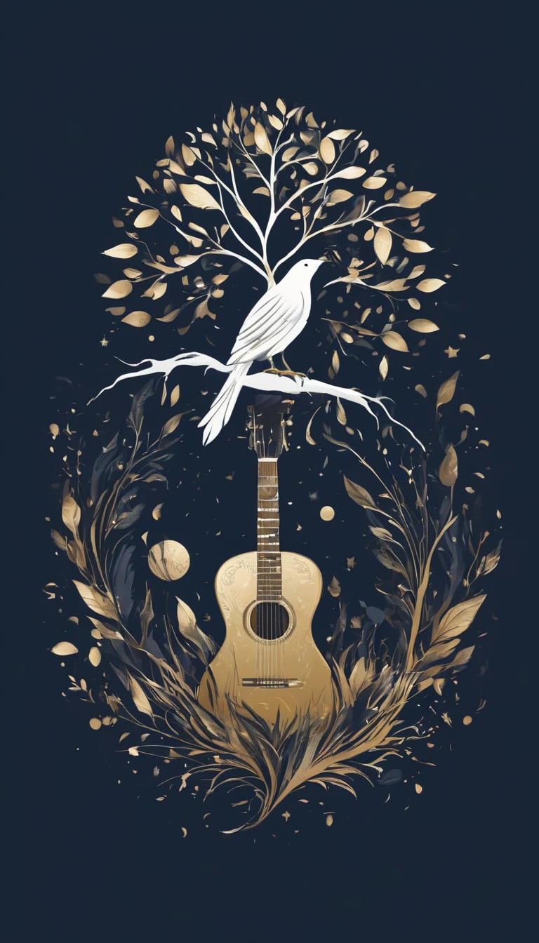 A minimal, modern, simple, cinematic logotype for the brand “Penamemoria". The logotype must be a simple, magical feather and a boy playing acoustic guitar. The logo must convey a sense of music, stories and dreams. Logo design impressed on a book cover. Minimalistic logo
