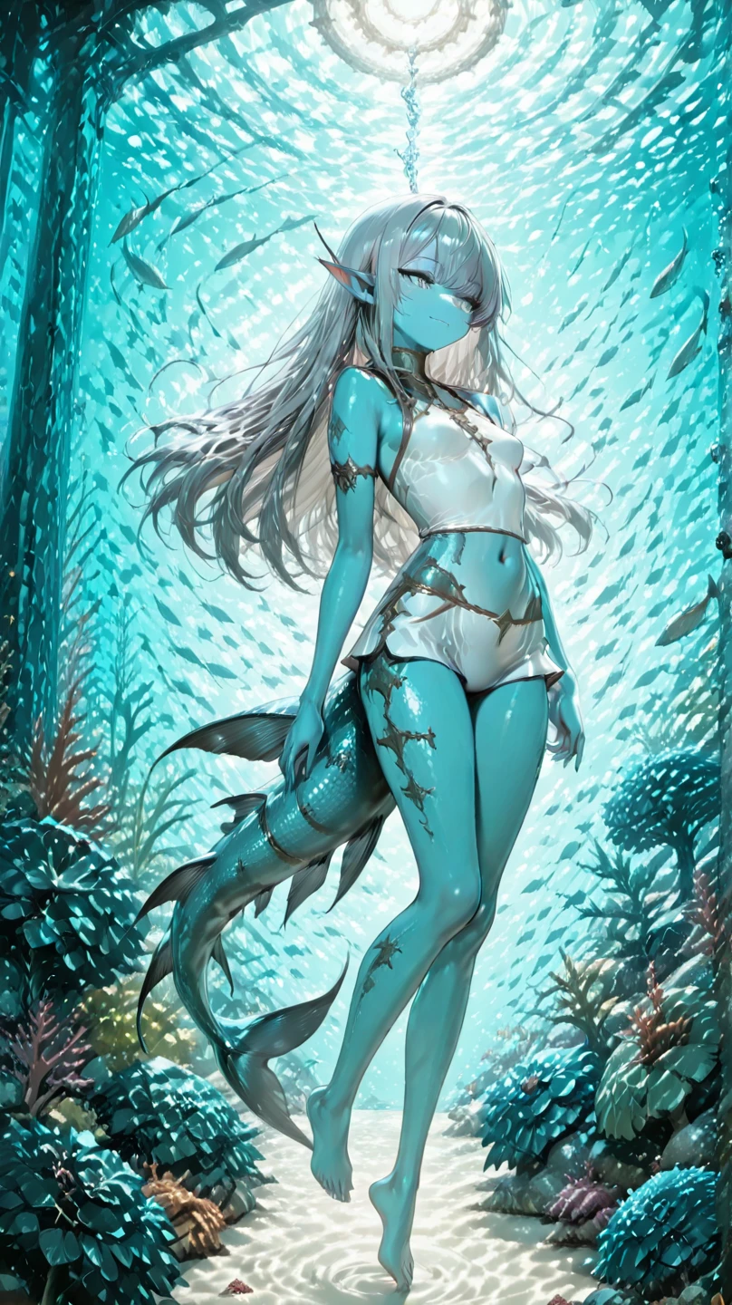 leviathan the reaper from the game subnautica, open mouth, underwater, skinny, highlighted waist,  breasts 
 anime face with  eyes,  of which are on the forehead