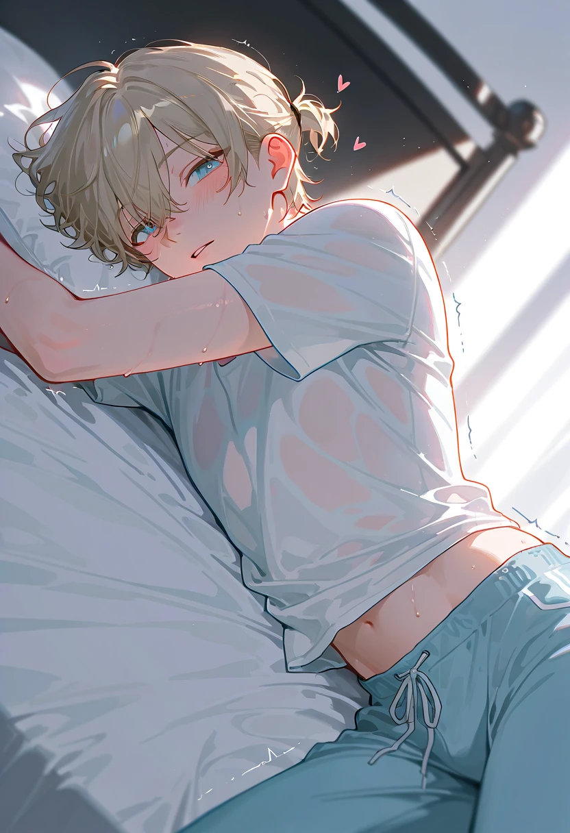 ((Best quality)), ((masterpiece)), (detailed), очень худой симпатичный boy 12 years old, boy 12 years old , Shy. Lying in bed, back view, almost without clothes
