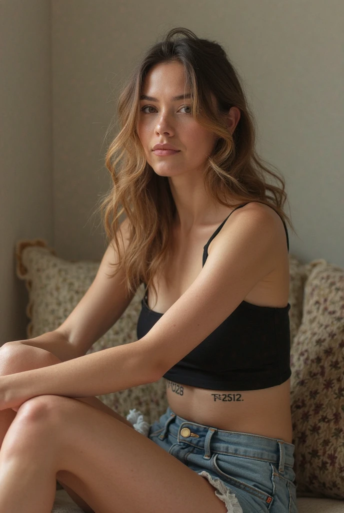Beautiful skinny girl, wheat skin, freckled face, little makeup, beautiful patterned top, colored denim shorts, leaning against the wall, holding the book with her delicate fingers, looking seductively at the camera, beautiful honey eyes, sunlight  Her face is very beautiful.