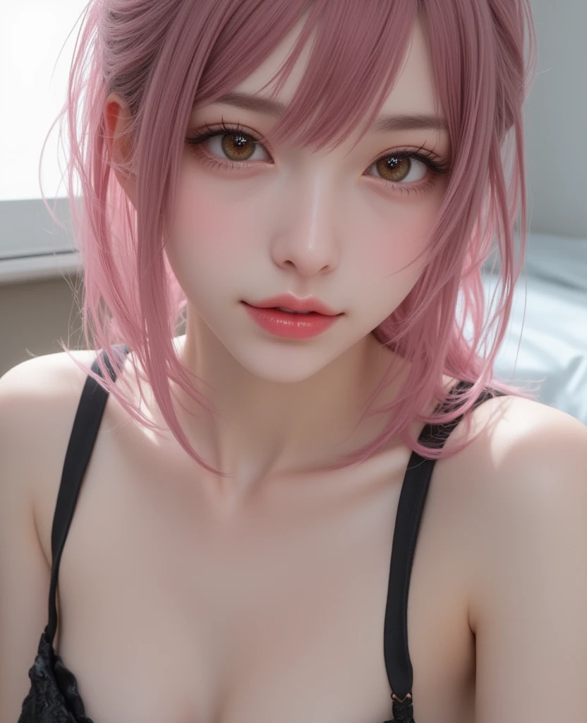 Anime girl with pink hair and a ribbon in her hair、Cute realistic portrait, Gweitz, Cute Characters, Cute art style, Anime Moe Art Style, MapleStory character art, cute portrait, Cute Anime Girl Portrait, Small person portrait, artwork in the style of Gweitz, Anime Lori,(((Completely naked))),(((Nipples)))、Stand upright