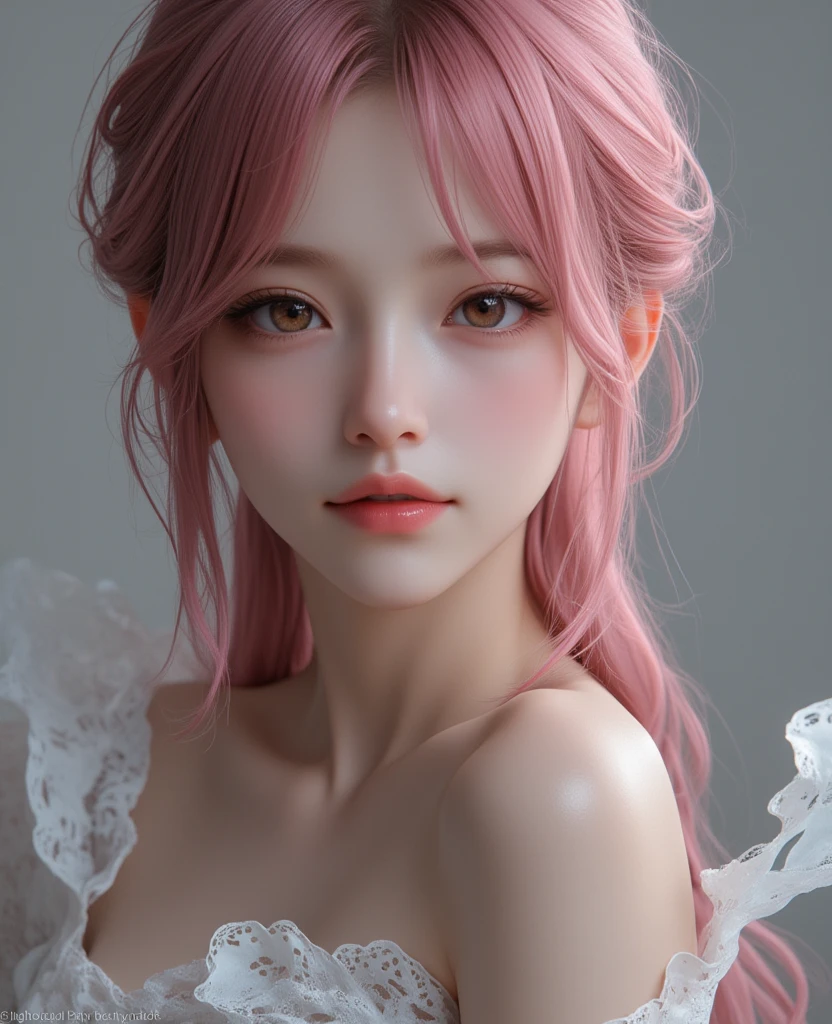 A super delicate and cute girl with pink hair wearing a Lolita dress, Detailed and luxurious lolita dress, The hem of the dress is wide open, The hem is fluttering, big eyes, golden ratio body with big breasts, perfect anatomy. 8k ultra high resolution, delicate texture, pure white background,
