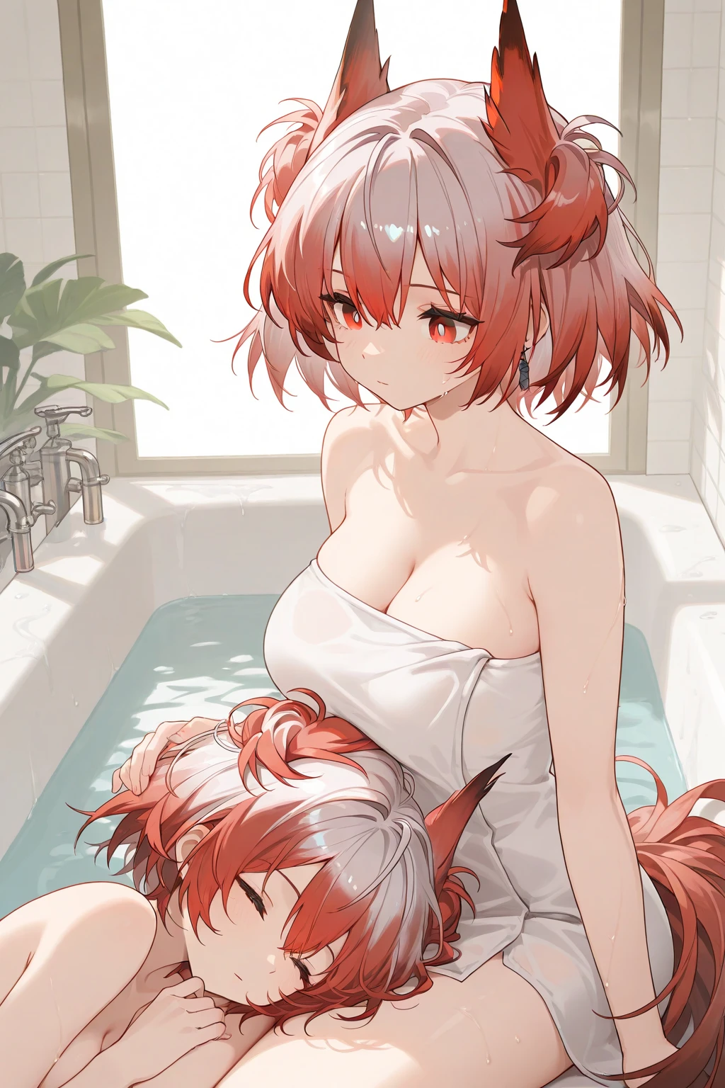 Bath towel on naked、small tit、can see-through、The areol、fissure、Nothing is worn、hiding chest with hands、cute little、red blush、cleavage of the breast、thighs thighs thighs thighs、No bra、No panties、high picture quality、Crisp、high detailled