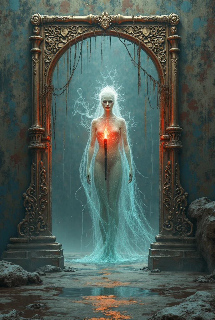 Une peinture artistique d'une femme debout dans une mare d'eau mélangée à du sang sur le dos, a tattoo with magic symbols in front of a giant door de l'enfer derrière la porte, a liquid fire, a magic door, quantum mechanics, la physique, les symboles spatiaux . An artistic painting of a woman standing in a pool of water mixed with blood on her back, a tattoo with magic symbols in front of a giant door, a liquid fire, a magic portal, quantum mechanics, une physique, des codes spatiaux