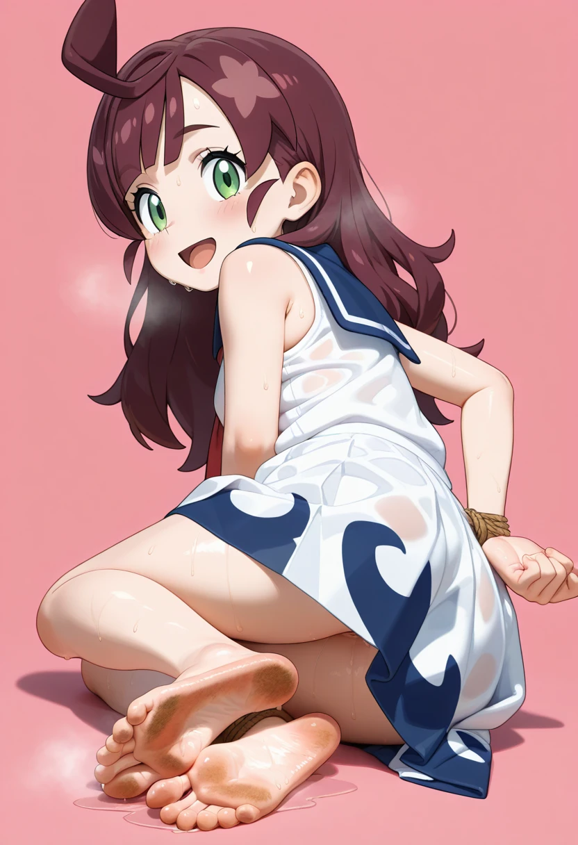A girl with hair sitting on a wooden bench on a beach and a boy crying from the ground on the other side..A photo with the name HIRU on the girl's dress and ADHI on the boy's armband.barefoot,foot focus