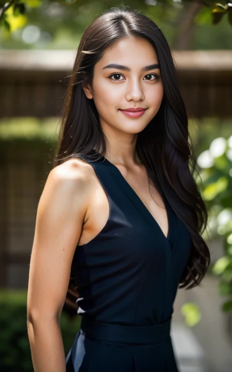 RAW photo, face portrait photo of beautiful 26 y.o woman, cute face, wearing black dress, happy face, hard shadows, cinematic shot, dramatic lighting, indonesian