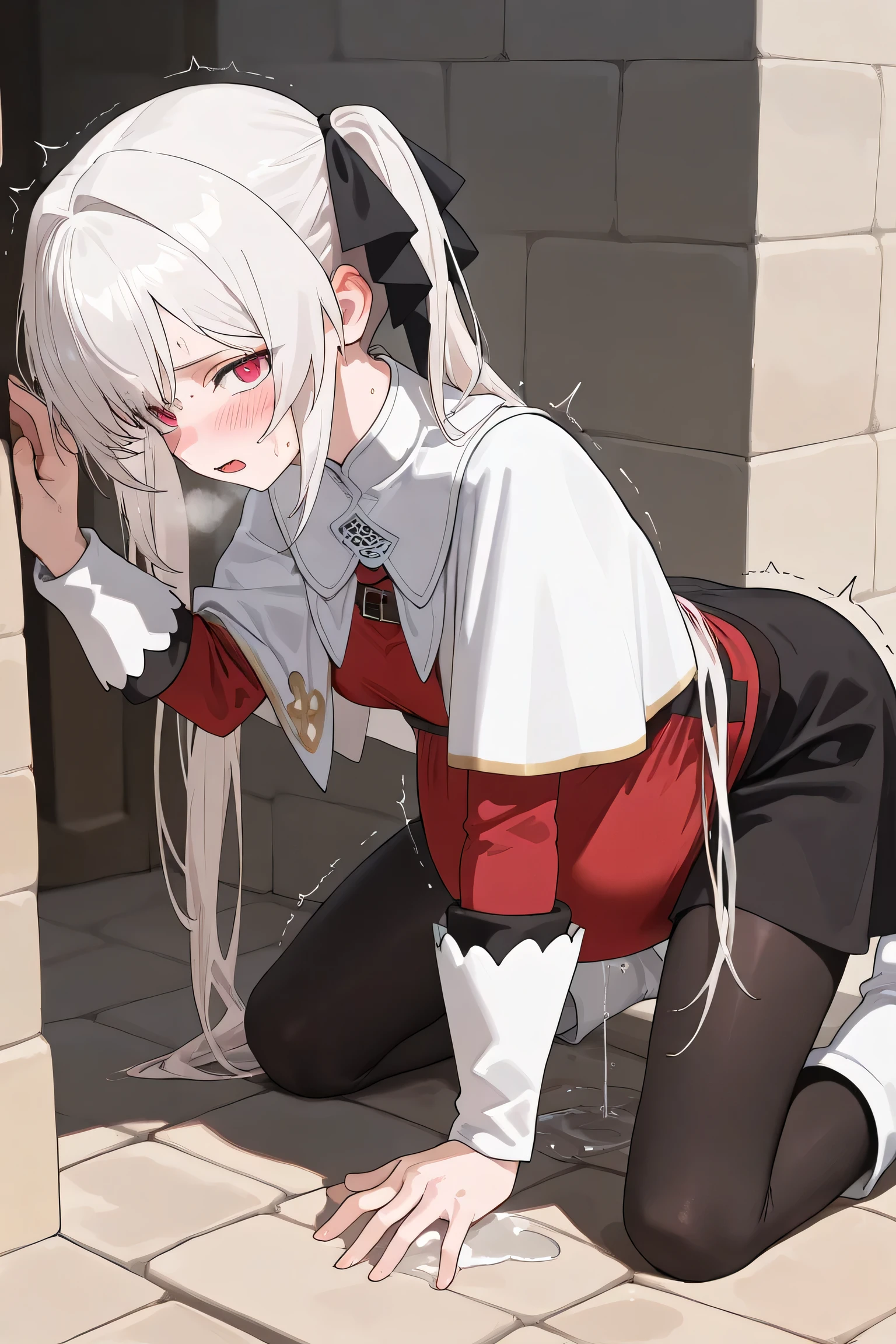 (Best quality, 4k, 8k, high resolution, masterpiece:1.2), ultra detailed, intricate details, beautiful girl, SOLO,  alone, long white hair, bangs, red colored eyes, small-medium breasts, perfect smooth skin, head tilted, (Pregnant:1.2), black ribbon hair, twin hair ribbon,  red fitted top, white capelet, short black skirt, black stockings, white boots, side view, pain, at medieval town on streets, Hand on wall, lean forward, looking at viewer, sweating, slightly spread legs, kneeling, (Blush:1.0), open mouth, embarrassed, amnotic fluid flows from the pussy, pussy juice burst, heavy breathing, trembling, water broke, [[pussy:1.5]],
