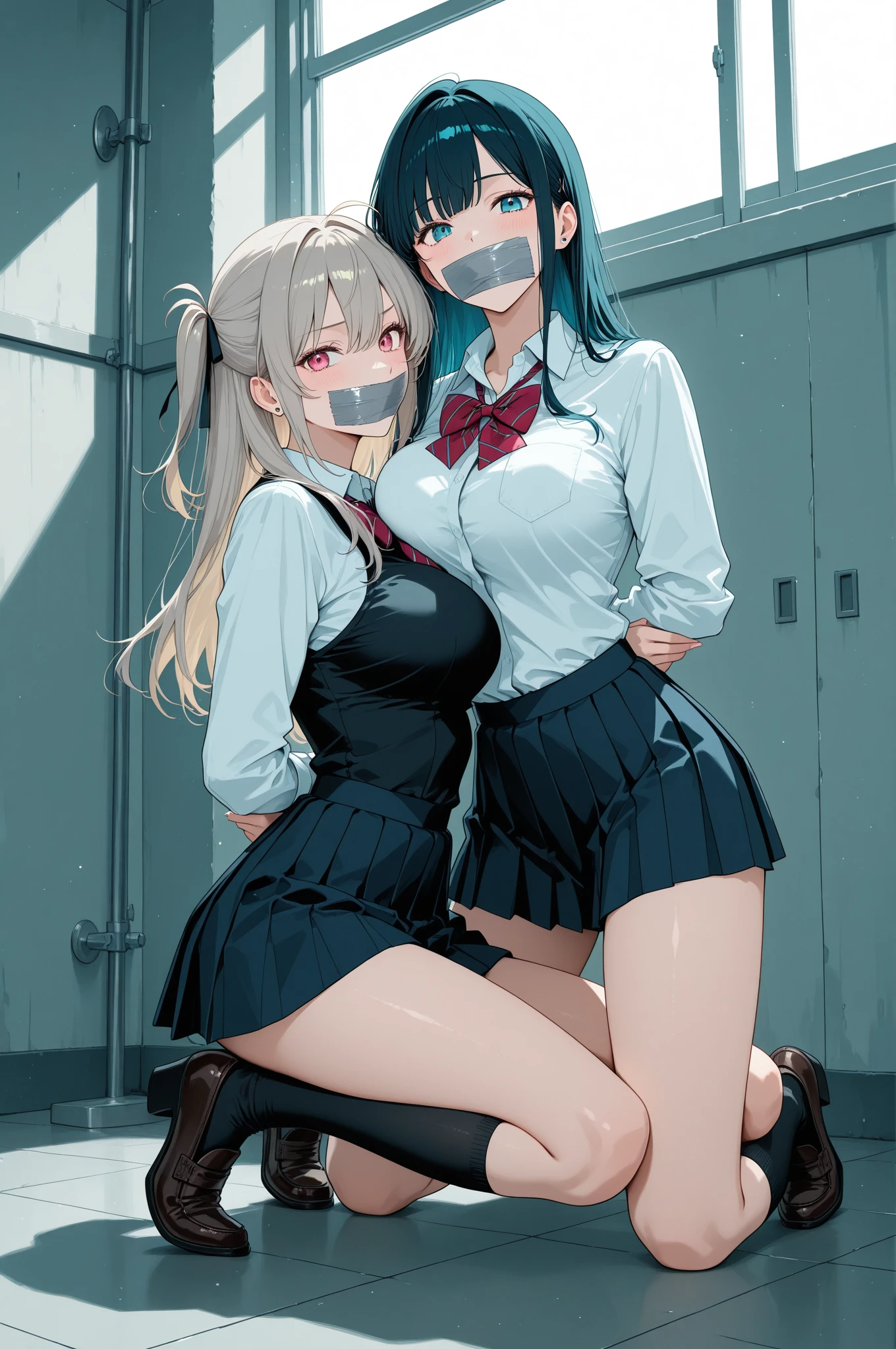 NSFW,(Raising right leg:1.2), (rope around right thigh:1.2), rope around chest,  T-Shirts and  mini skirt, long black hair, bangs, embarrassed, top quality, white panties, black knee-high stockings, basement, hands behind back, hanging from ceiling, pumps,all gag,covered erectile nipples,drooling,love juice,Yuri,BDSM, Grabbing someone's chest from behind,Grabbing someone's groin from behind,classroom,Two girls grinning[:1.3],3girls[:2,],Silver Hair,Pink Blonde Hair