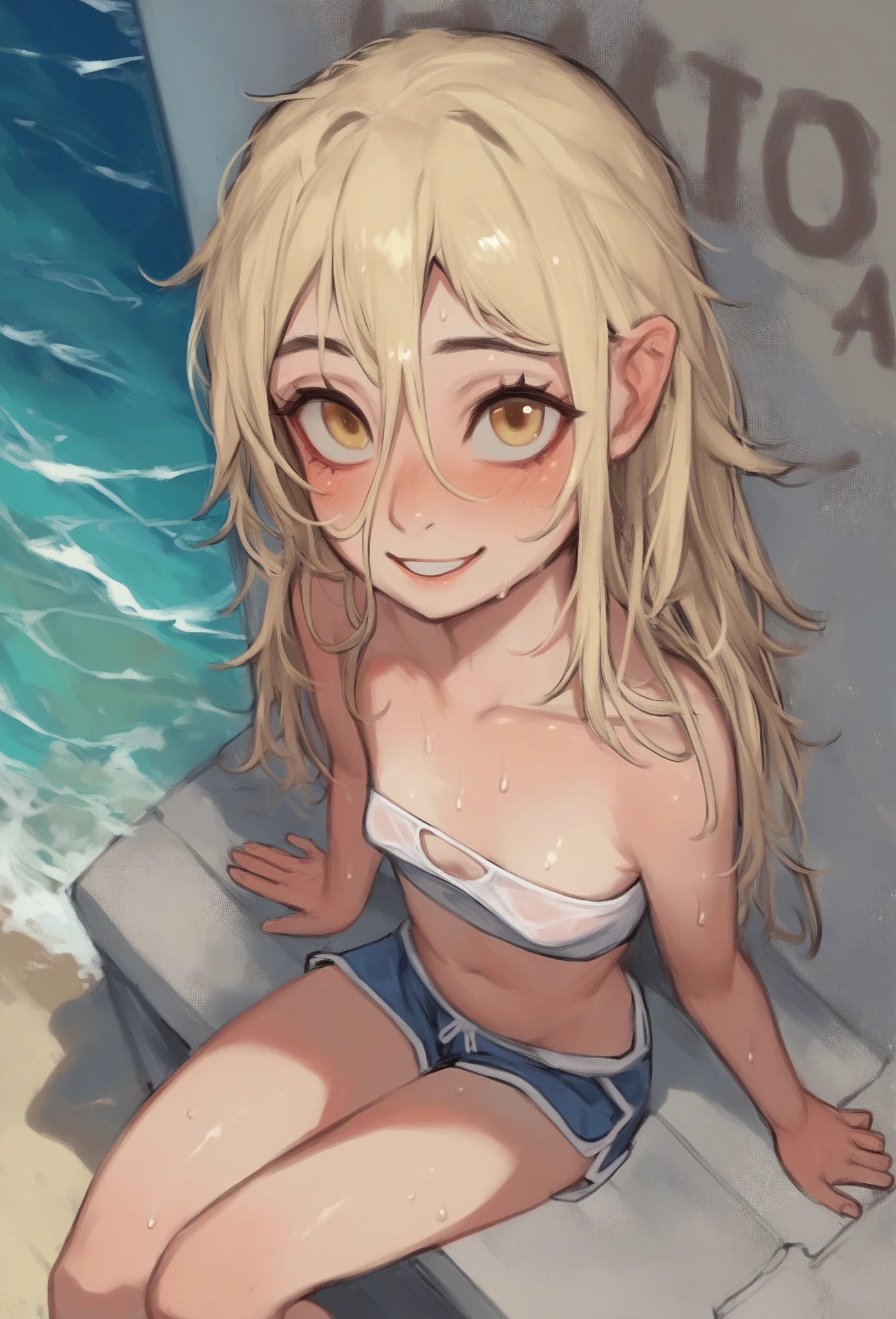 Girl alone, 15 years old, perfect face, blonde, Russian, small head, purple eyes, small breasts, wide hips, thick thighs, soft and smooth pellet, golden hair, thin, wearing micro bikini, on the deserted beach, perfect light, mischievous smile, normal fingers, hands with five fingers, no clothes, no clothes