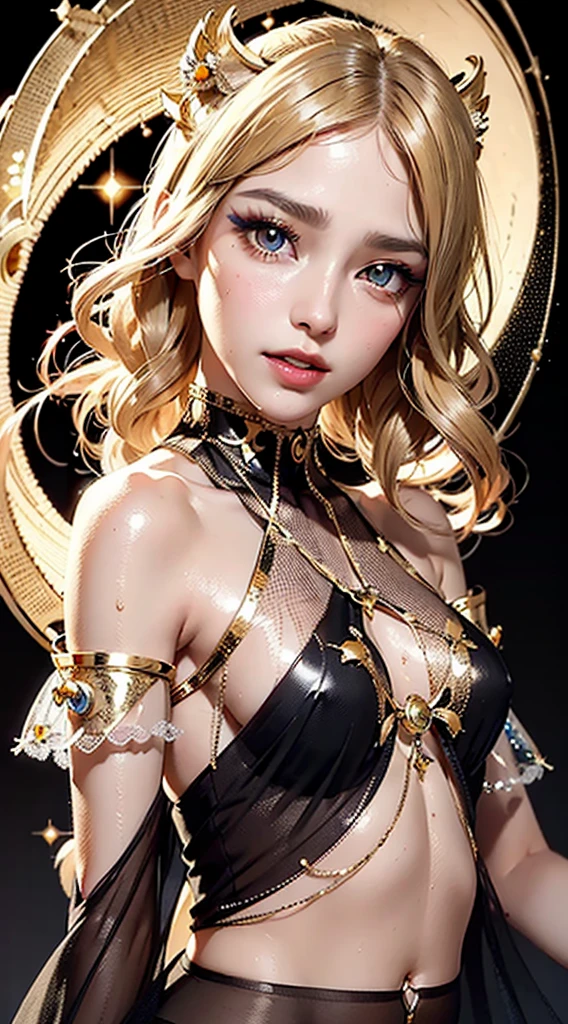 (master part, best quality:1.2), sozinho, 1girl, pale skin, sorrir, Olhando para o Viewer, (pose de garra:1.1), medium hair, cabelo sobre um olho, pigtail, olhos amarelos, bandagem nua