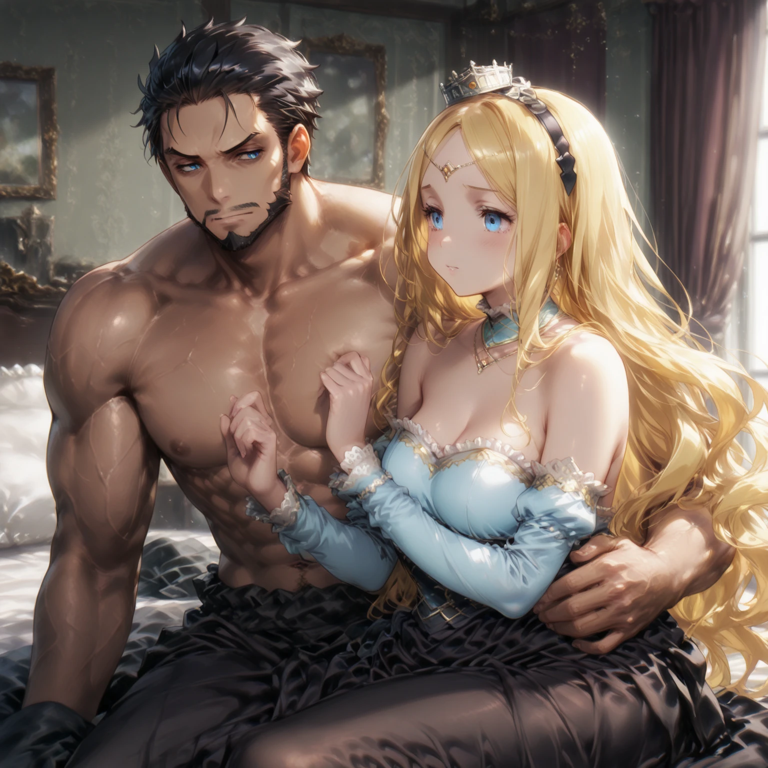 Embarrassed blushing naked Cinderella lies on her soft tits on the bed in front of a man, having sex, a handsome naked man stands behind her and fucks her, In the palace, orgasm