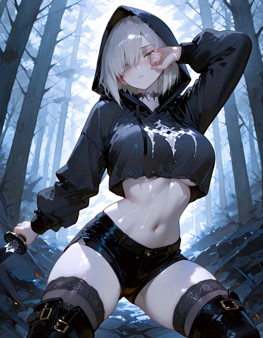 Realistic, One person, Gray Hair, blue eyes, Black Bikini, Black coat, Snow Forest, Particles of light, light, wallpaper,