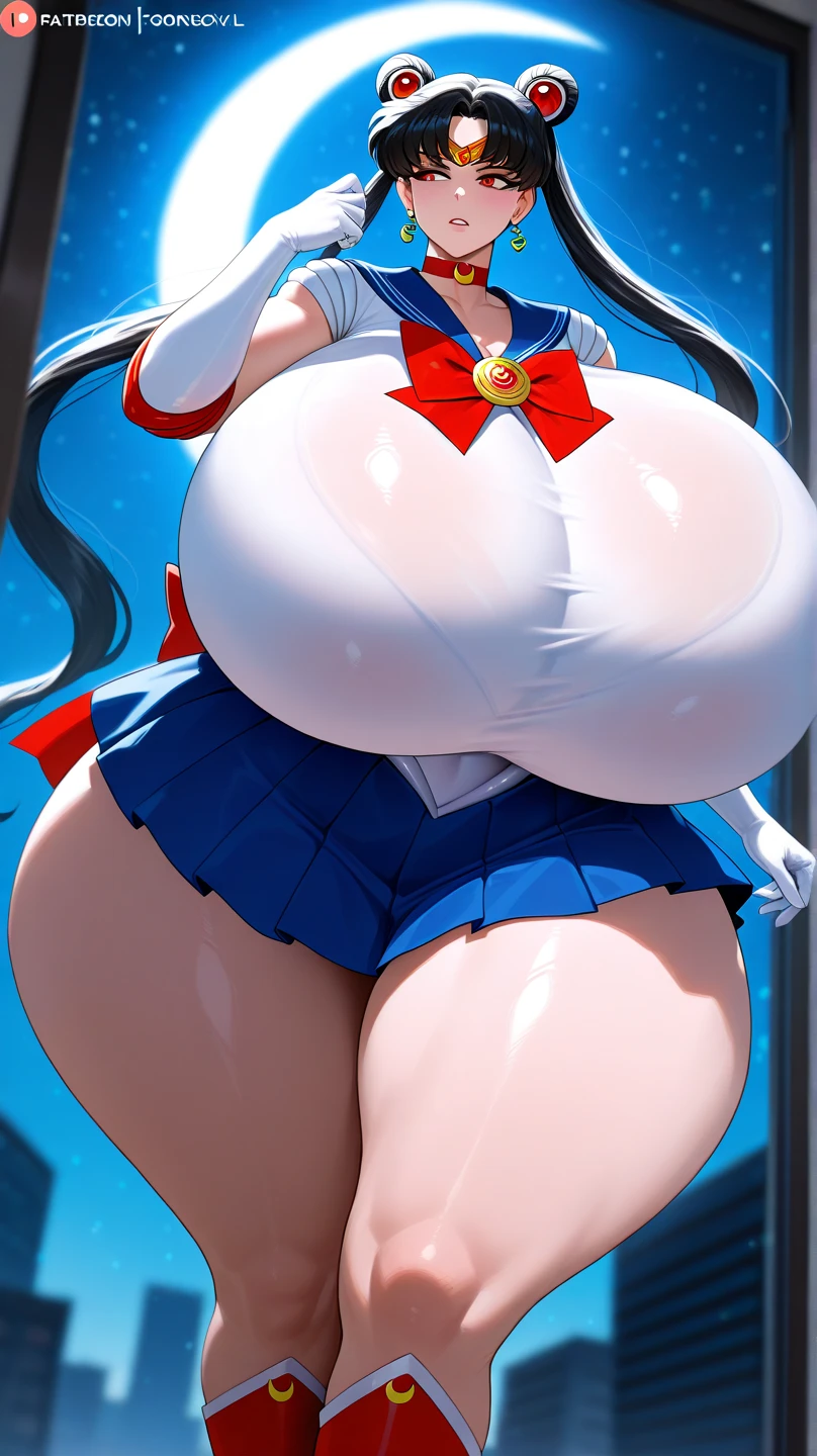 (((Solo)))、(((mature、Big Tits、naked、Erotic)))、High resolution,  Sailor Moon, anime, masterpiece, One girl, ((Slut))), Sexy Face, blue eyes, Blonde, Double Buns, Long twin tails, Swollen lips, Painted lips, Thick lips, Wide Hips, Thick thighs, Huge fake breasts, Huge round ass, Shiny skin, Parted bangs, hair ornaments, Circlet, jewelry, Earrings, choker, See-through, Red Bow, White elbow gloves, Blue Skirt, Sailor Warrior Uniforms, Oily skin, Intimidating, From below、(bed)、Pubic hair、(Fishnet tights)