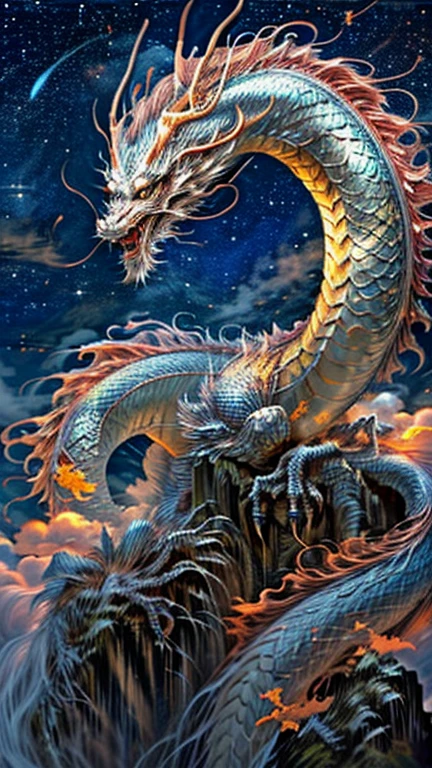 The cloud looks like the Russian Dragon Snake Gorynich, Three-headed dragon, Dragon Flying, Holding the full moon 3d Superrealism The wonderful light of the moon、detailed