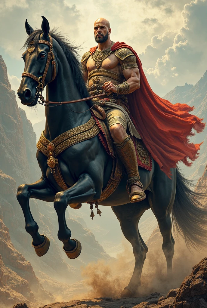 Muscular African man with golden crown and red king cape with double axe in hand riding a white horse