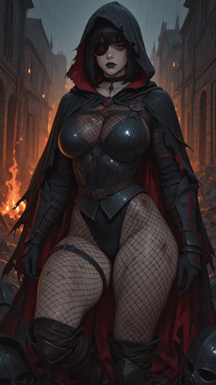 (masterpiece, Best Quality, absurd, 4k, Aesthetic, detailed, Intricate, perfect lighting) cinematic angle, 1solitaria, Sitting on the throne, elbow rest, castle interior, face mask, hood, layer, belt, armor, Cloak, red gloves gauntlets, corona