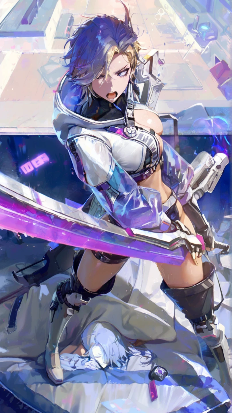 top-quality、Top image quality、masterpiece、teens girl((White and blue hoodie、Black skirt、18year old、 Ager、Best Bust、big bast,Beautiful light blue eyes, Long silver hair、A slender,Large valleys、Reflecting the whole body、Leaning forward、Attach the VR visor to your eyes、jumping pose、Excited face、play VR,Japan holding a sword)),hiquality、Beautiful Art、Background with(( Cyber World、Cyber World、Space world))masterpiece、depth of fields,