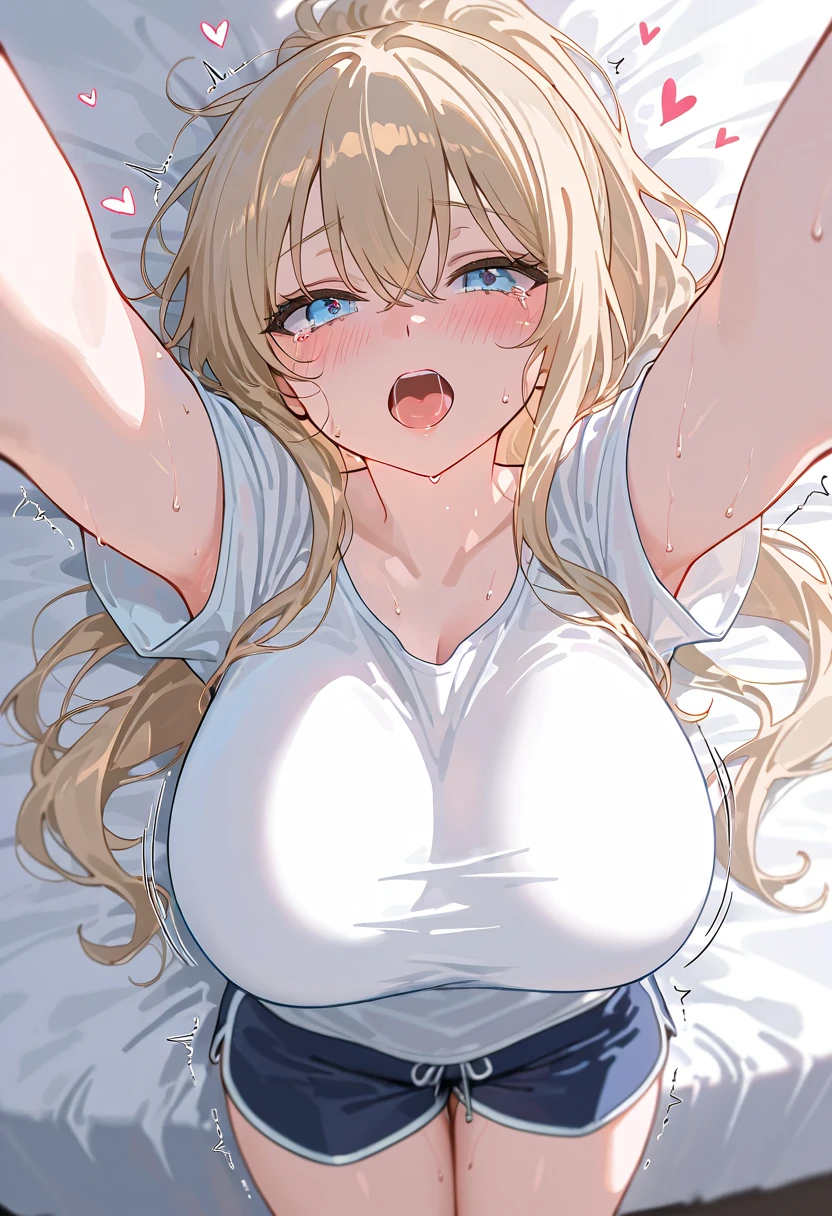 ((masterpiece)), (Highest quality), (detailed), (1 Girl), White collared shirt,Red eyes,Short blonde, skirt,bed、Huge breasts、bedに倒れる、Spread your hands、