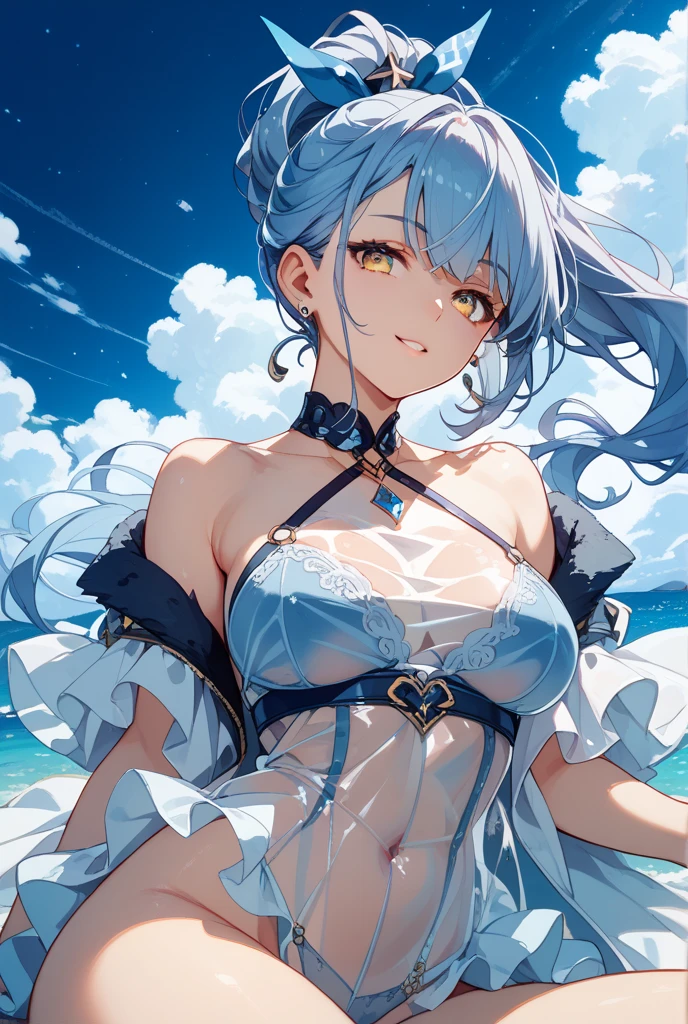 young girl　silver hair　white dress　　short hair　red eyes　irreverent face　look down　thin body　thin thighs　small breasts　small ass　toned body　wrist bracelet　jewelry bracelet　tiara with jewels　sunlight　ripped abs　　slanted eyes　white skin　deep red eyes　symmetrical　transparent dress　No underwear　arm tattoo　high quality　High resolution　8k perfect　天使のようなyoung girl　女神のようなyoung girl　See-through　　hair blowing in the wind　おI can see the navel　blue sky　big cloud　little girl like a goddess　Beautiful little girl　Sexy little girl　Beautiful 　symmetrical bracelet　symmetrical tiara　symmetrical dress　ripped abs　symmetrical earrings　I can see your chest　dress with open navel　nipples are transparent　Blowing in the wind　big eyes　cinched waist　tattoo on arm　simple dress　I can see the navel　I can see the breasts