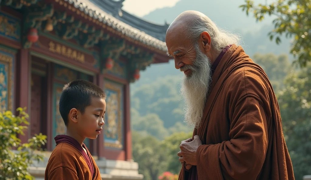 a little monk and an old monk standing side by side, extremely detailed and lifelike portrait, intricate details, realistic textures, dramatic lighting, cinematic mood, warm color palette, masterpiece, 8k, photorealistic, hyper-realistic, award-winning, highly detailed face, penetrating gaze, expressive features, flowing robes, ancient temple interior, detailed environment, ornate decor, dramatic chiaroscuro, fine art quality