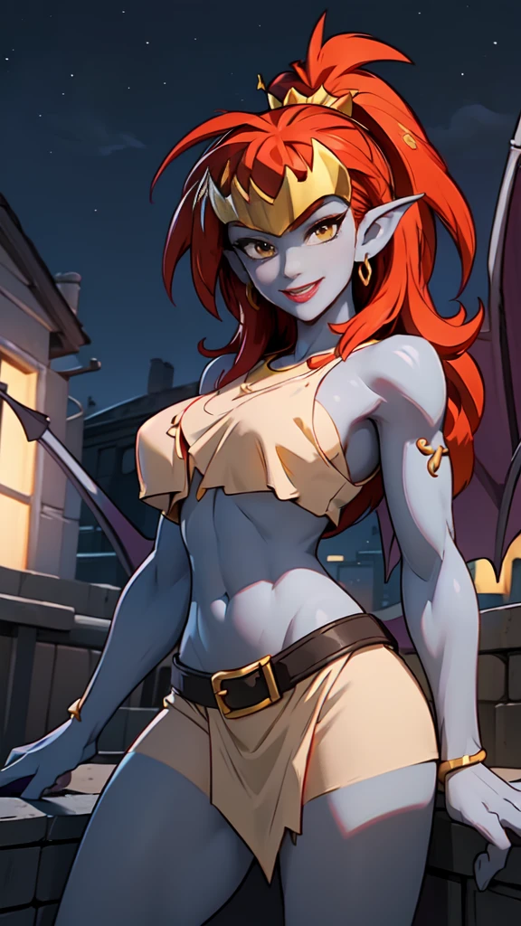Masterpiece, raw, beautiful art, professional artist, 8k, art style by sciamano240, (draw Demona from Gargoyles, )very detailed face, very detailed hair, 1 woman, perfectly drawn body, beautiful face, long hair, wild red hair , very detailed blue eyes , gold tiara, gray tattered top, gray loin cloth, showing abs, toned body, rosey cheeks, intricate details in eyes, evil smile, looking directly at viewer , night time, standing on rooftop, very close up on face,