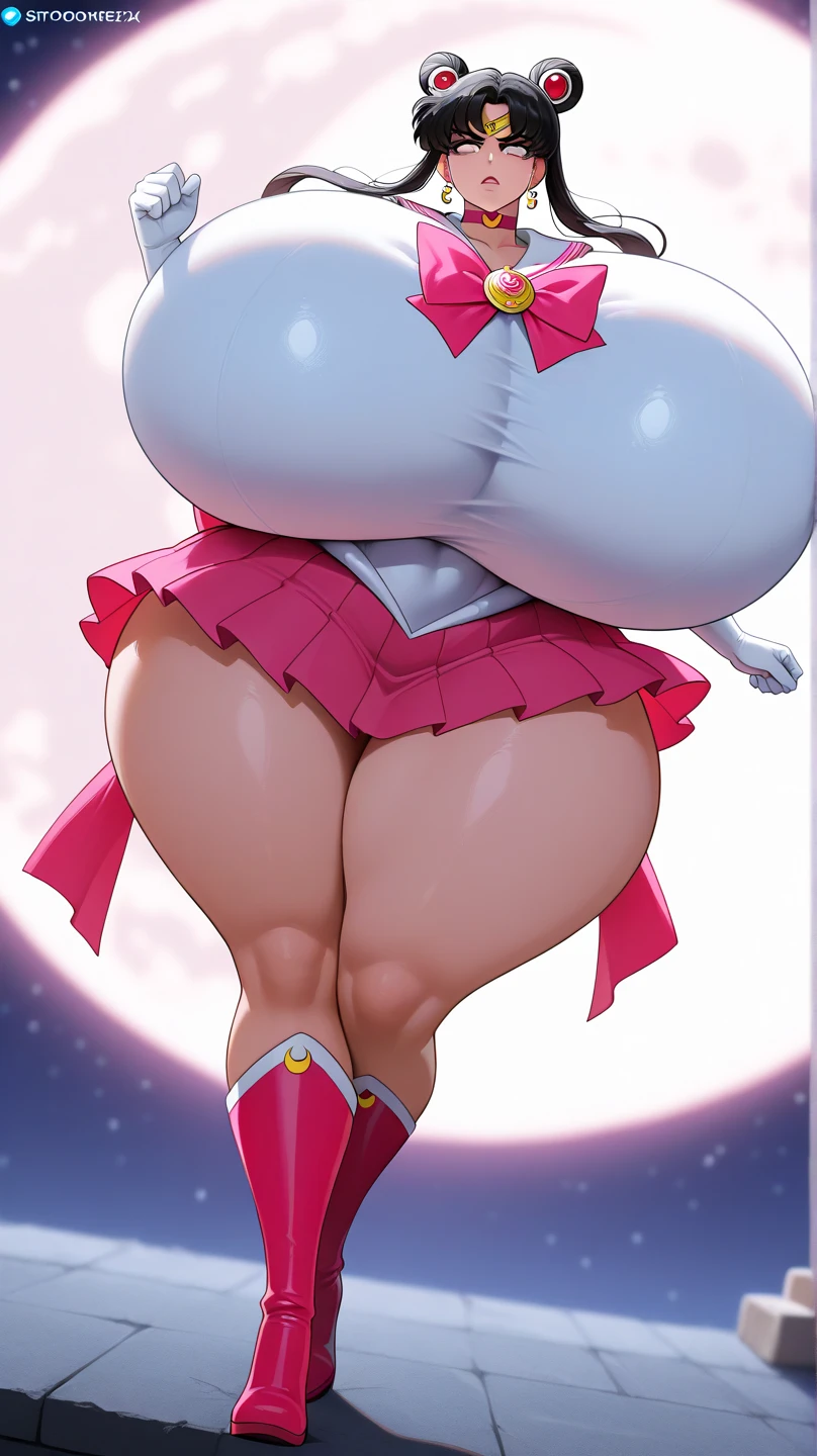venusbody,1girl,solo,(gigantic breasts:1.2), (puffy nipples:1.2), gigantic hips,wide hips,thick thighs),sailor senshi uniform, Sailor Moon, blonde hair, magical girl, blue eyes, blue skirt, elbow-length gloves, tiara, pleated skirt , blue sailor necklace, miniskirt, choker, blue choker, white gloves, double buns,very long twintails, starry background, SFW